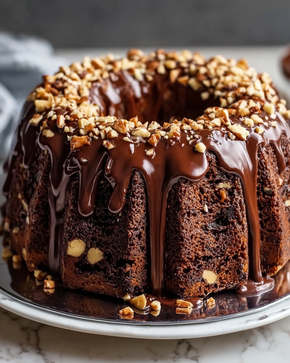 A tall bundt cake covered with a thick, shiny layer of dark chocolate glaze dripping down the sides, topped with chopped nuts scattered evenly on top and embedded throughout the cake's surface. The cake itself is rich and dense with visible chunks of chocolate and nuts throughout its dark brown crumb. The cake sits on a white plate with a reflective silver-like rim, placed on a white marbled texture surface. Photo taken with an iphone --ar 4:5 --v 7