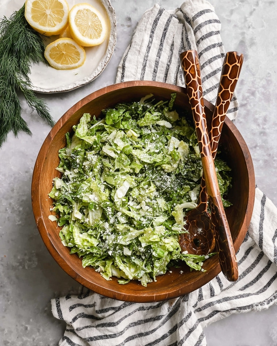 A wooden bowl filled with a fresh green salad made of finely chopped lettuce, sprinkled with small white cheese bits and green herbs. Two long wooden salad spoons with a giraffe pattern rest inside the bowl, crossing each other near the top right side. The bowl is placed on a white cloth with black stripes, all set on a white marbled textured surface. To the upper left, a white plate holds two lemon slices and a small bunch of green dill. Photo taken with an iphone --ar 4:5 --v 7