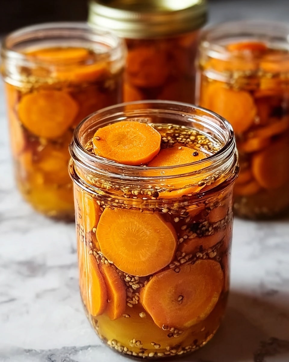 A close-up of a clear glass jar filled with three layers of thinly sliced orange carrots submerged in a golden liquid brine with visible black pepper seeds and mustard seeds spread throughout. The top layer shows a few carrot slices neatly arranged covering the jar mouth, with the jar lid missing. In the background, three more similar jars stand slightly out of focus, all placed on a white marbled surface, giving a warm, homemade pickled look. Photo taken with an iphone --ar 4:5 --v 7