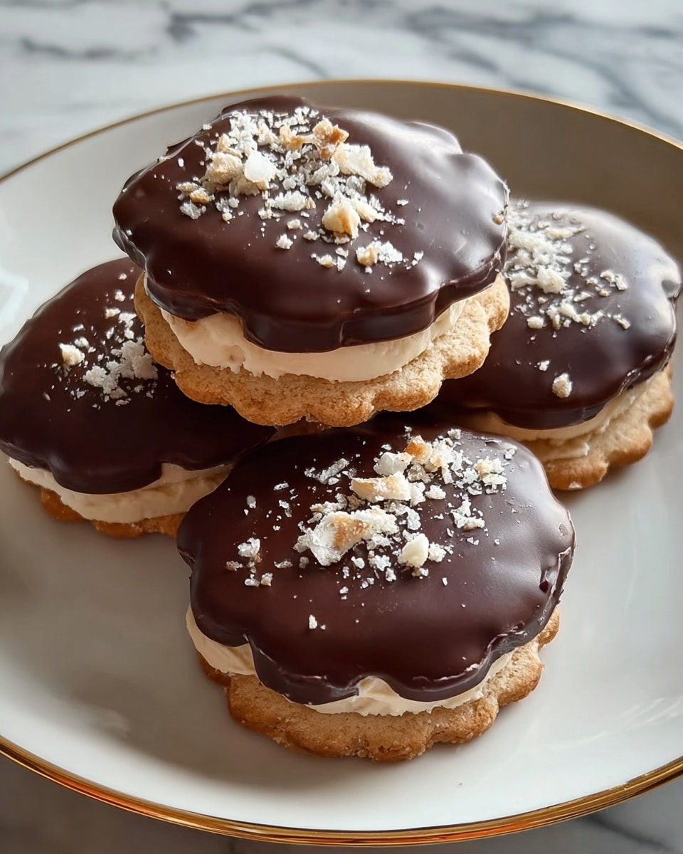 Four small round sandwich cookies are stacked on a white plate with a gold rim, placed on a white marbled surface. Each cookie has two wavy-edged biscuit layers with a light beige creamy filling in the middle. The top biscuit layer is covered in smooth, glossy dark chocolate and sprinkled with small white and beige crushed pieces. The cookies are arranged closely together, showing their thick filling and shiny chocolate tops clearly. Photo taken with an iphone --ar 4:5 --v 7