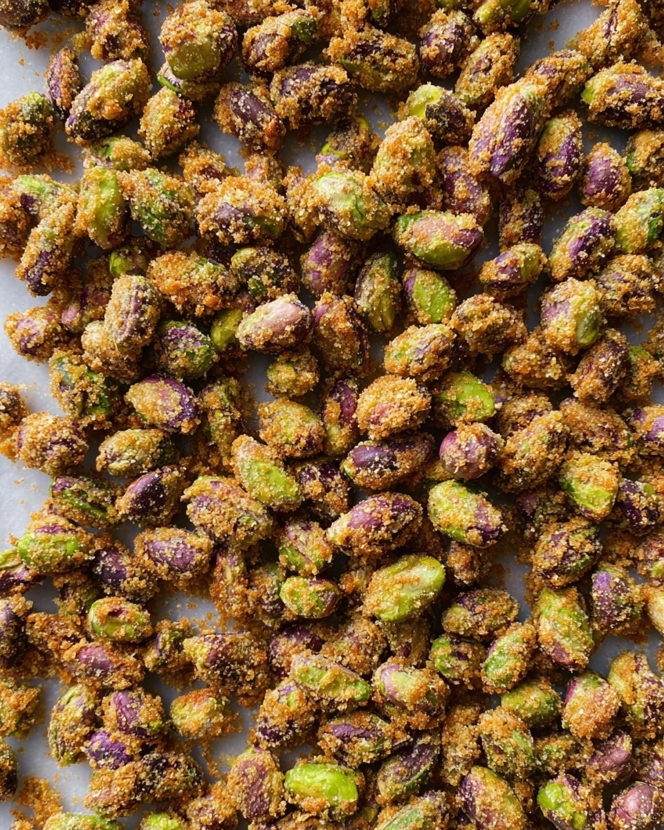 This close-up image shows a scattered layer of roasted pistachios coated in a golden, crumbly seasoning. Each pistachio nut is covered unevenly in a crunchy, breadcrumb-like texture that contrasts with the green and purple hues of the nuts themselves. The nuts are tightly packed across the frame, and the surface beneath has a white marbled look that peeks through the gaps between the pistachios. photo taken with an iphone --ar 4:5 --v 7