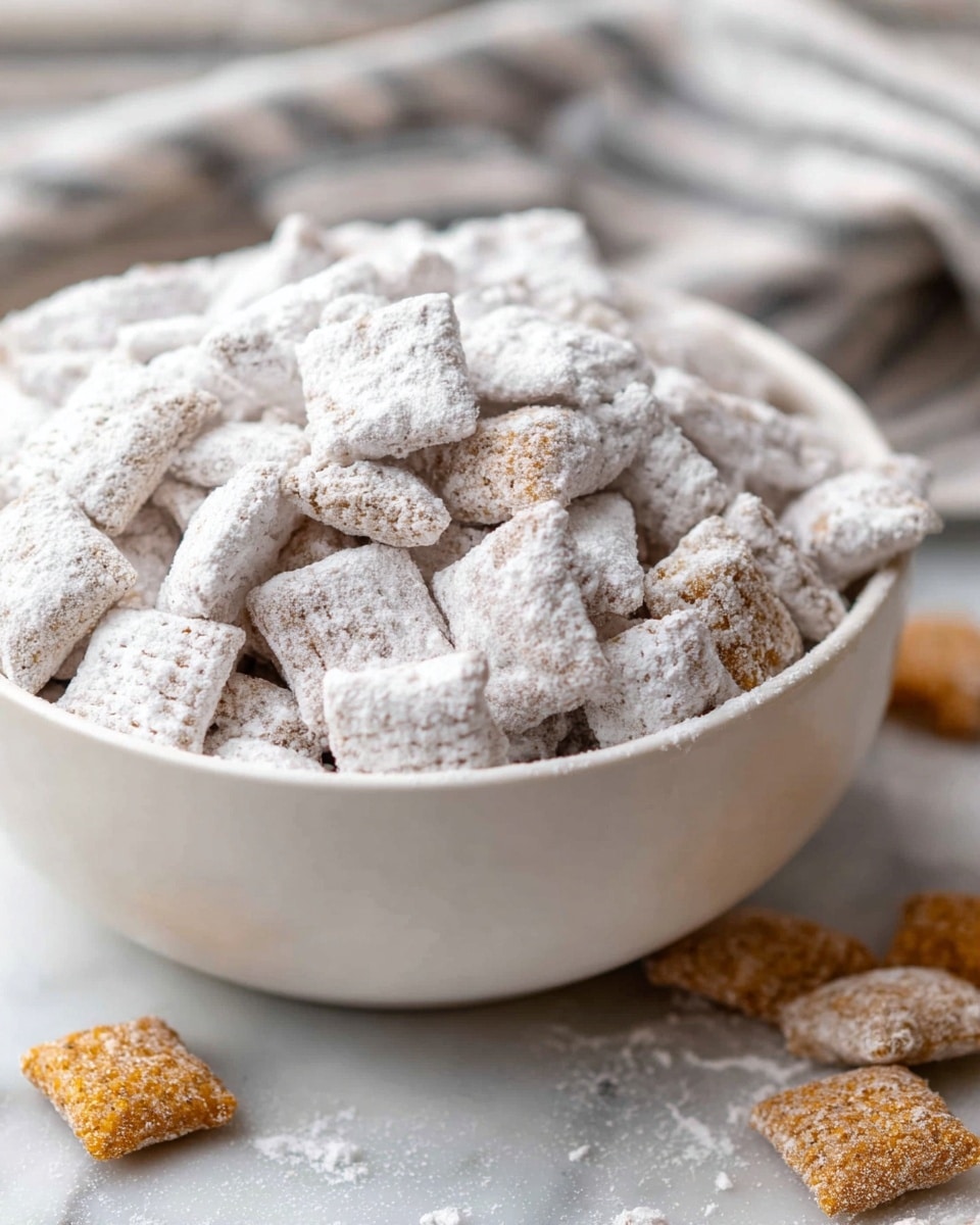 A white bowl filled with many small square pillow-shaped cereal pieces, each covered in a thick layer of white powdered sugar, giving a soft, snowy look to the cereal. The squares inside the bowl show a light brown color under the sugar coating, creating a textured mix of white and tan. Around the bowl on a white marbled surface, a few pieces of the same cereal are scattered, some fully coated in powdered sugar and others showing more of their golden brown base. In the background, a striped cloth in shades of gray and white adds a soft touch. Photo taken with an iphone --ar 4:5 --v 7