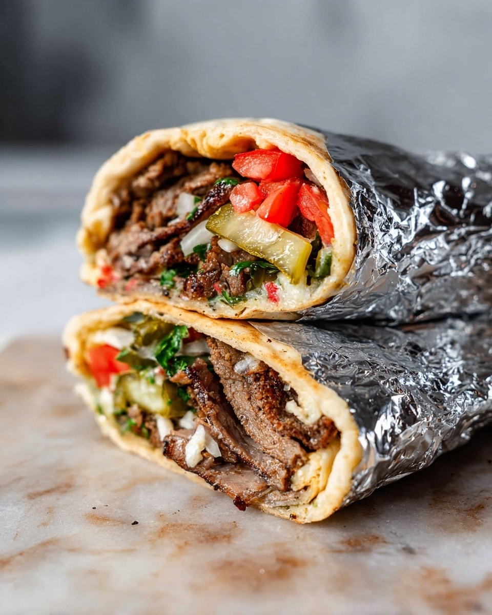 The image shows a close-up view of a shawarma wrap cut in half and wrapped in shiny aluminum foil, placed on a white marbled surface. The wrap consists of a soft, golden-brown flatbread as the outer layer, followed by a visible layer of grilled, sliced meat with a dark, slightly crispy texture. Inside, there are fresh red tomato slices, green pickle slices, and thin chopped onions, all mixed with some green herb leaves. The ingredients create a colorful, layered look with the flatbread and foil wrapping framing the whole sandwich. Photo taken with an iphone --ar 4:5 --v 7