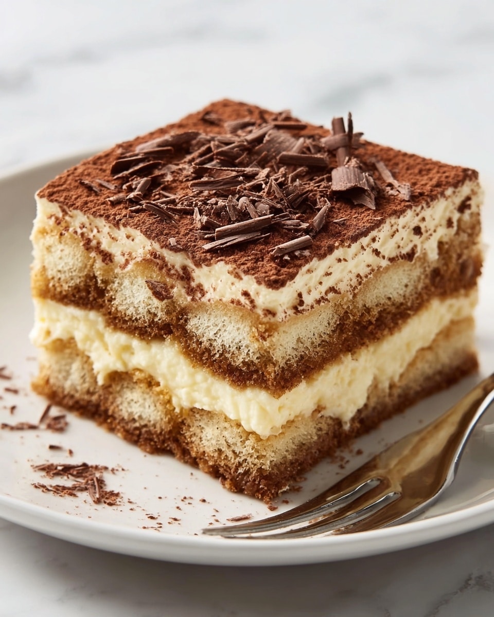 A square piece of tiramisu is shown on a white plate, resting on a white marbled surface. The dessert has three visible layers: the bottom and middle layers consist of light brown coffee-soaked sponge cake with a slightly rough texture; the second and top layers are creamy pale yellow mascarpone cheese, smooth in texture; the top layer is dusted with dark brown cocoa powder and decorated with uneven chocolate shavings scattered across. A metal fork is partially visible next to the tiramisu. photo taken with an iphone --ar 4:5 --v 7