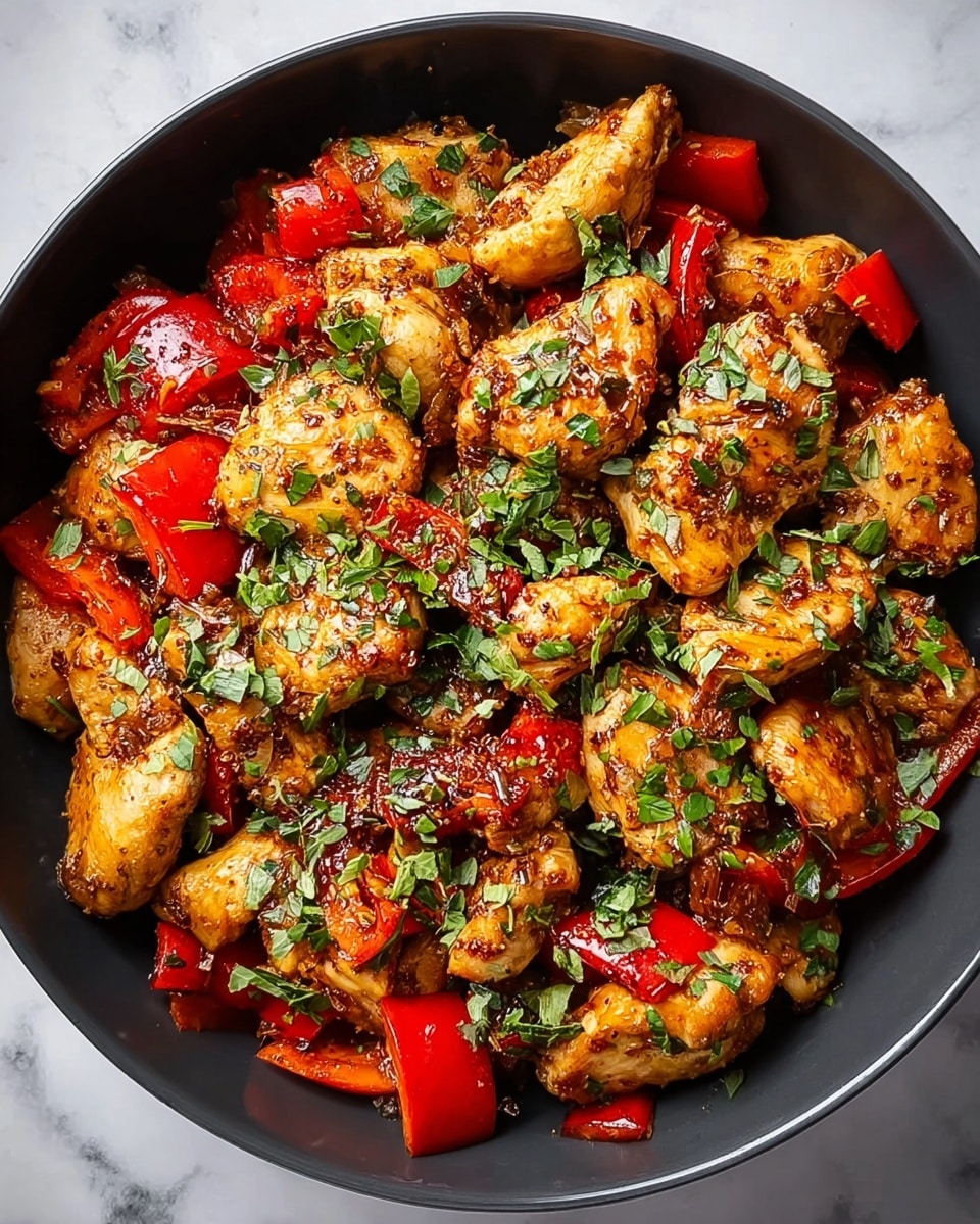 The image shows a dark bowl filled with cooked chicken pieces mixed with red bell pepper slices and green herbs. The chicken is golden brown with a slightly crispy texture, while the red peppers add bright pops of color throughout. Green herbs and small bits of seasoning are evenly scattered on top, adding freshness and contrast. The bowl sits on a white marbled surface, making the dish stand out with its warm and vibrant colors. Photo taken with an iphone --ar 4:5 --v 7