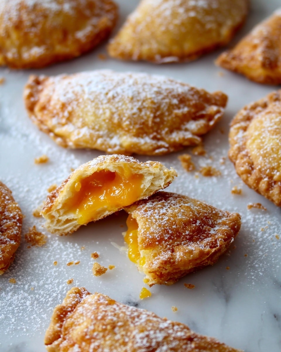 The image shows several golden brown fried pastries with a crispy, textured outer layer dusted lightly with white powdered sugar scattered on a white marbled surface. One pastry is cut open in the center foreground, revealing two inside layers: a flaky, light golden crust on the outside and a bright yellow-orange gooey fruit filling inside. The pastries are mostly round or semi-circle in shape with slightly uneven edges, and small crumbs are scattered around. Photo taken with an iphone --ar 4:5 --v 7