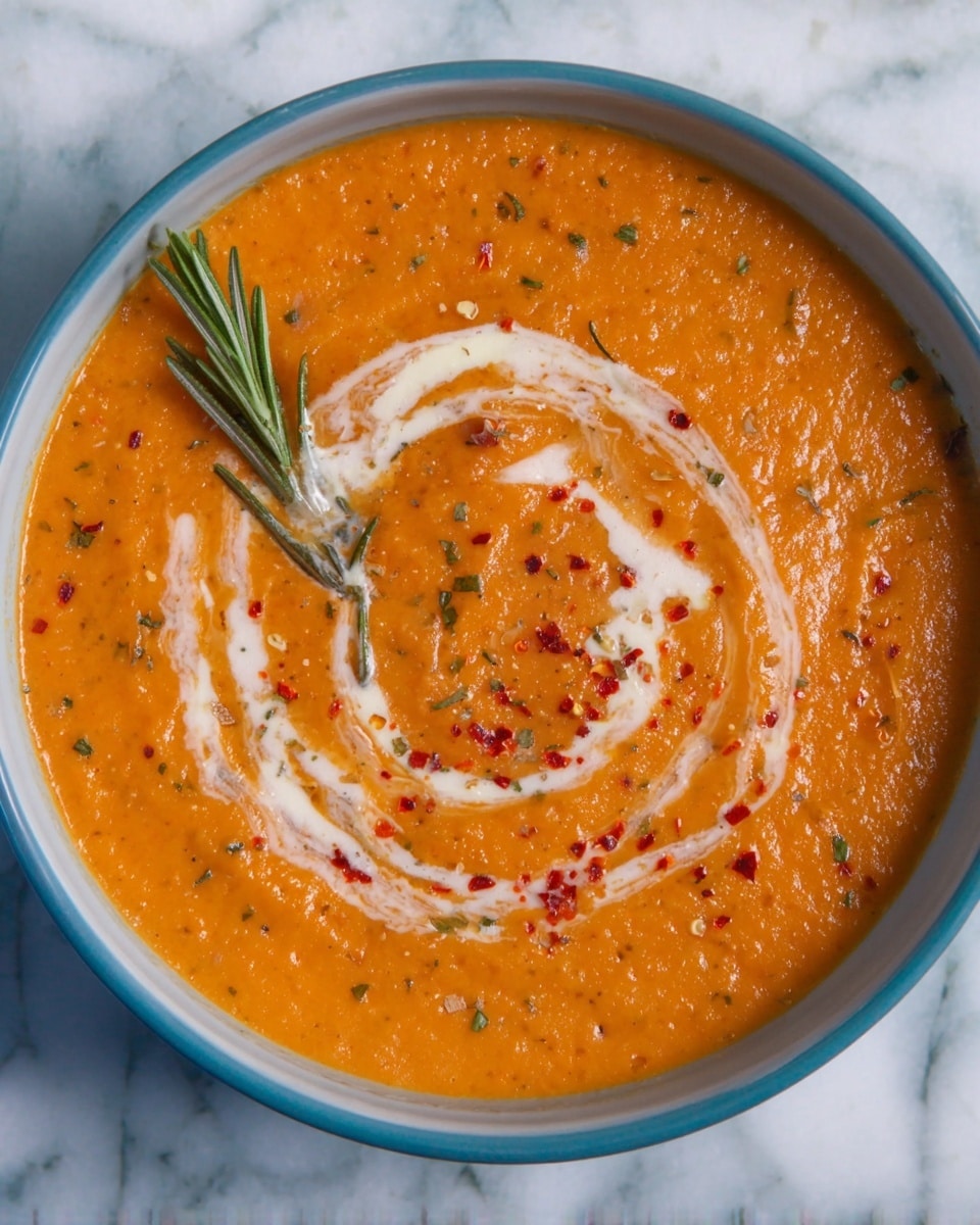 An orange creamy soup fills a white bowl, with a smooth, slightly chunky texture that shows small herbs mixed in. A swirl of white cream is drizzled on top in a circular pattern, and a few red pepper flakes are scattered over the surface. A small green rosemary sprig rests on the left side, adding contrast. The bowl sits on a white marbled surface. Photo taken with an iphone --ar 4:5 --v 7