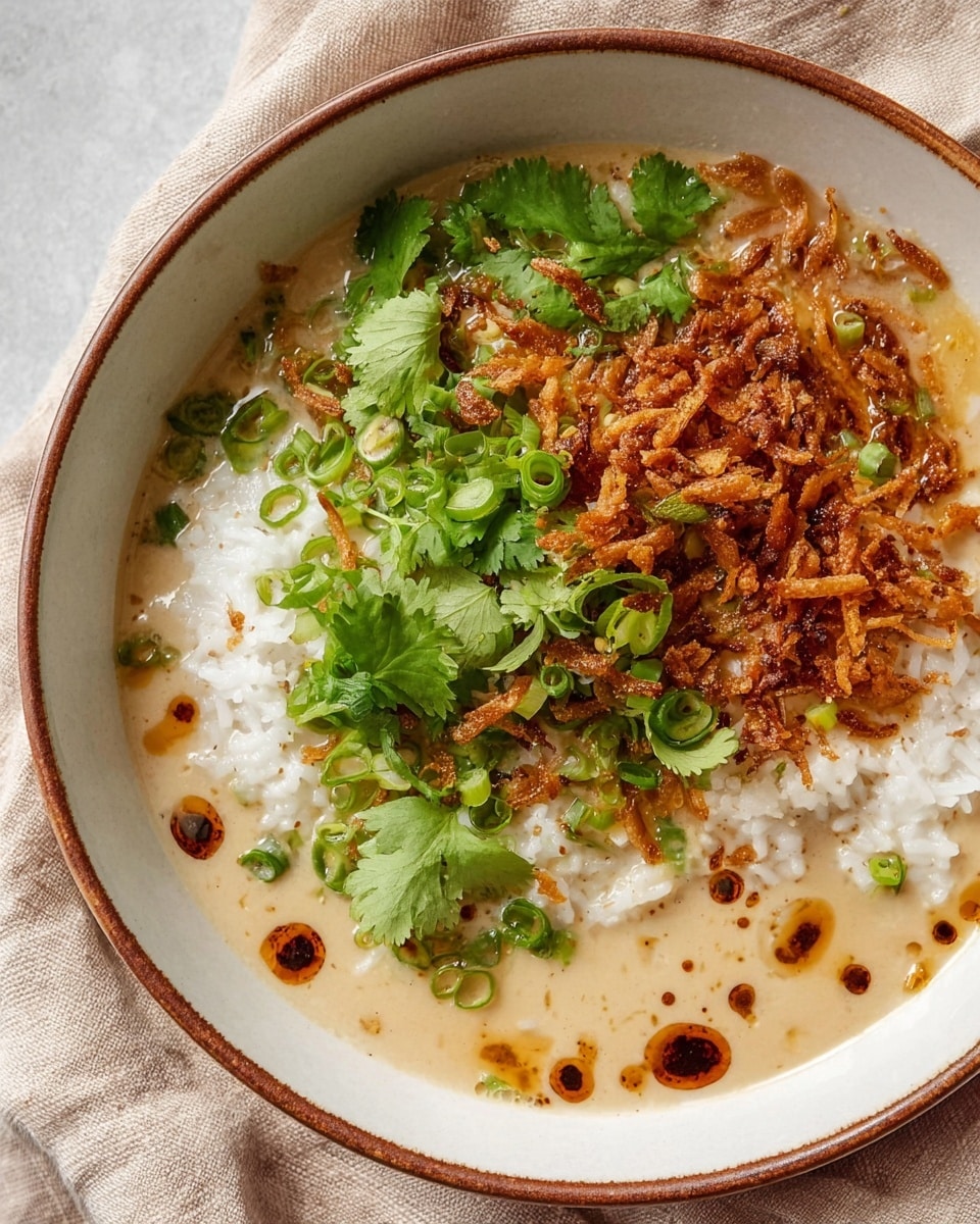The dish is served in a white bowl with a brown rim, placed on a beige cloth. It has three main layers: at the base is a light beige creamy broth with a smooth texture, partly covering white steamed rice in the center. On one side of the rice, there is a layer of golden brown crispy fried onions with a crunchy texture. The whole dish is topped with bright green fresh cilantro leaves and thinly sliced green spring onions scattered evenly. Small drops of dark brown oil add a shiny contrast on the broth. Photo taken with an iphone --ar 4:5 --v 7