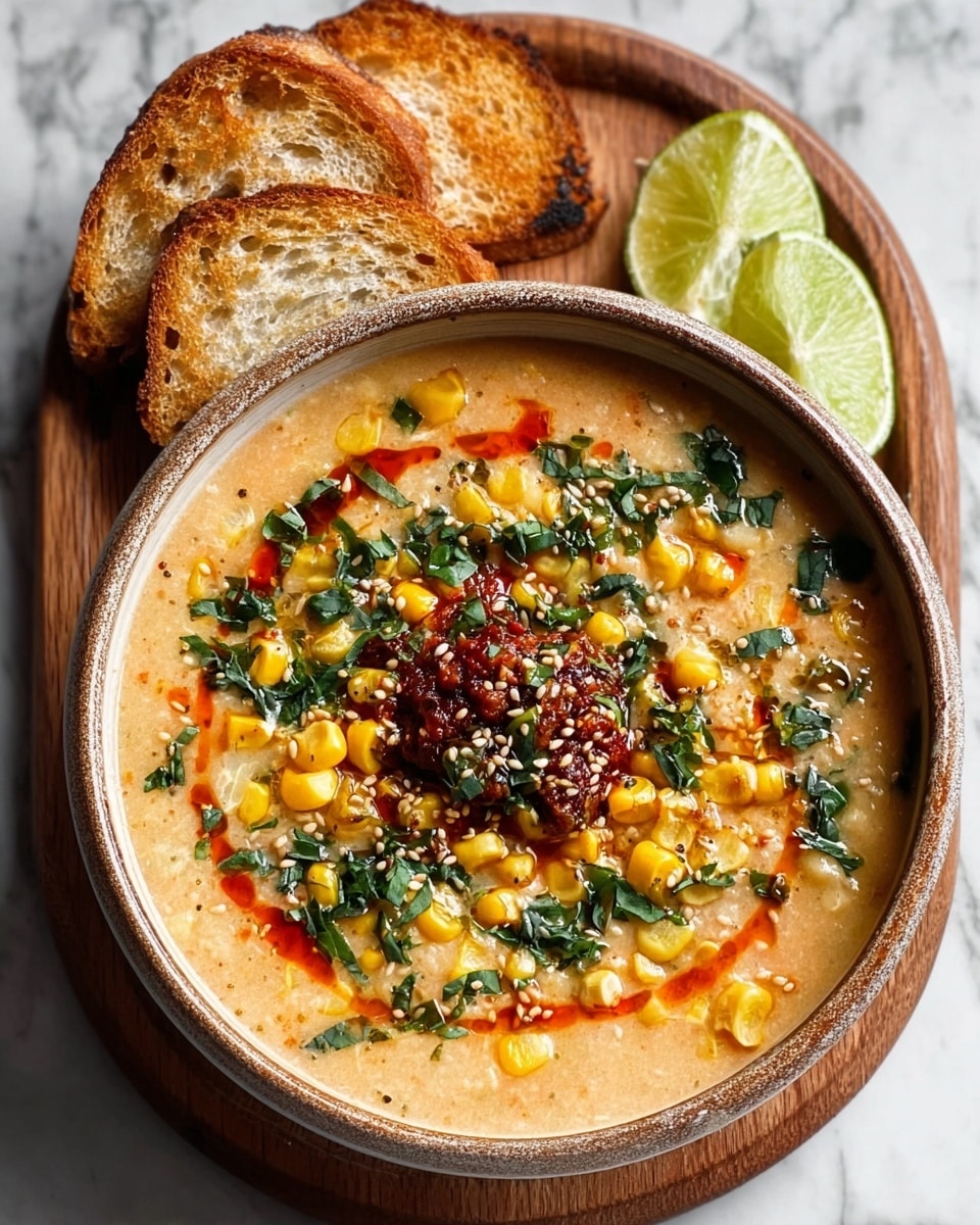 A bowl of creamy corn soup filled with yellow corn kernels and green leafy herbs. The soup has a light orange color with a swirl of red chili oil on top. There is a dark red chunky chili mixture placed in the center, sprinkled with sesame seeds and chopped green herbs. The bowl is placed on a wooden board with three slices of toasted bread behind it and a lime slice to the side. The whole scene is set on a white marbled surface. photo taken with an iphone --ar 4:5 --v 7