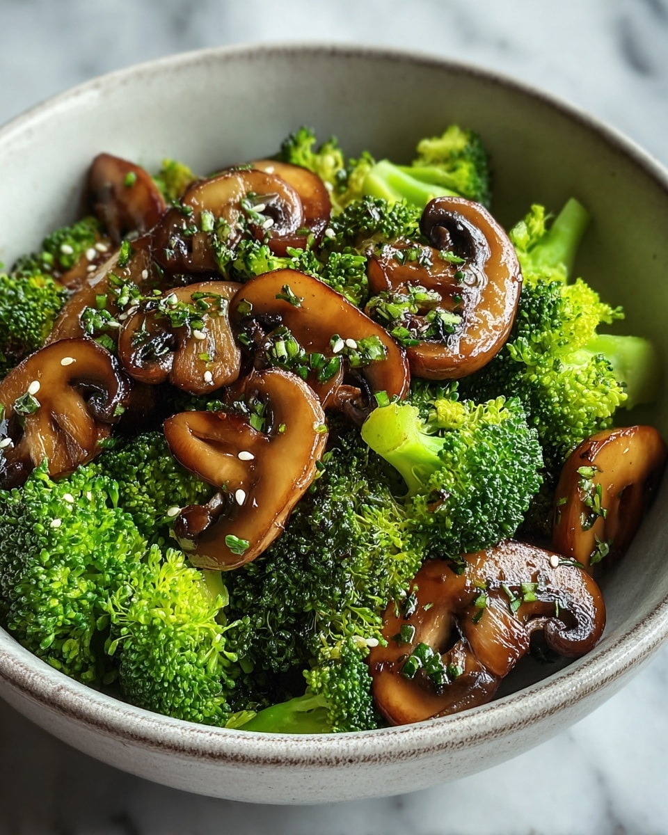 A close-up view shows a bowl filled with two main layers: bright green broccoli florets as the base, and glossy, brown sautéed mushroom slices on top, sprinkled with chopped green herbs and small white sesame seeds. The broccoli looks fresh and textured, while the mushrooms have a shiny, slightly oily surface with some caramelized spots. The bowl is white with a subtle texture, sitting on a white marbled surface. photo taken with an iphone --ar 4:5 --v 7