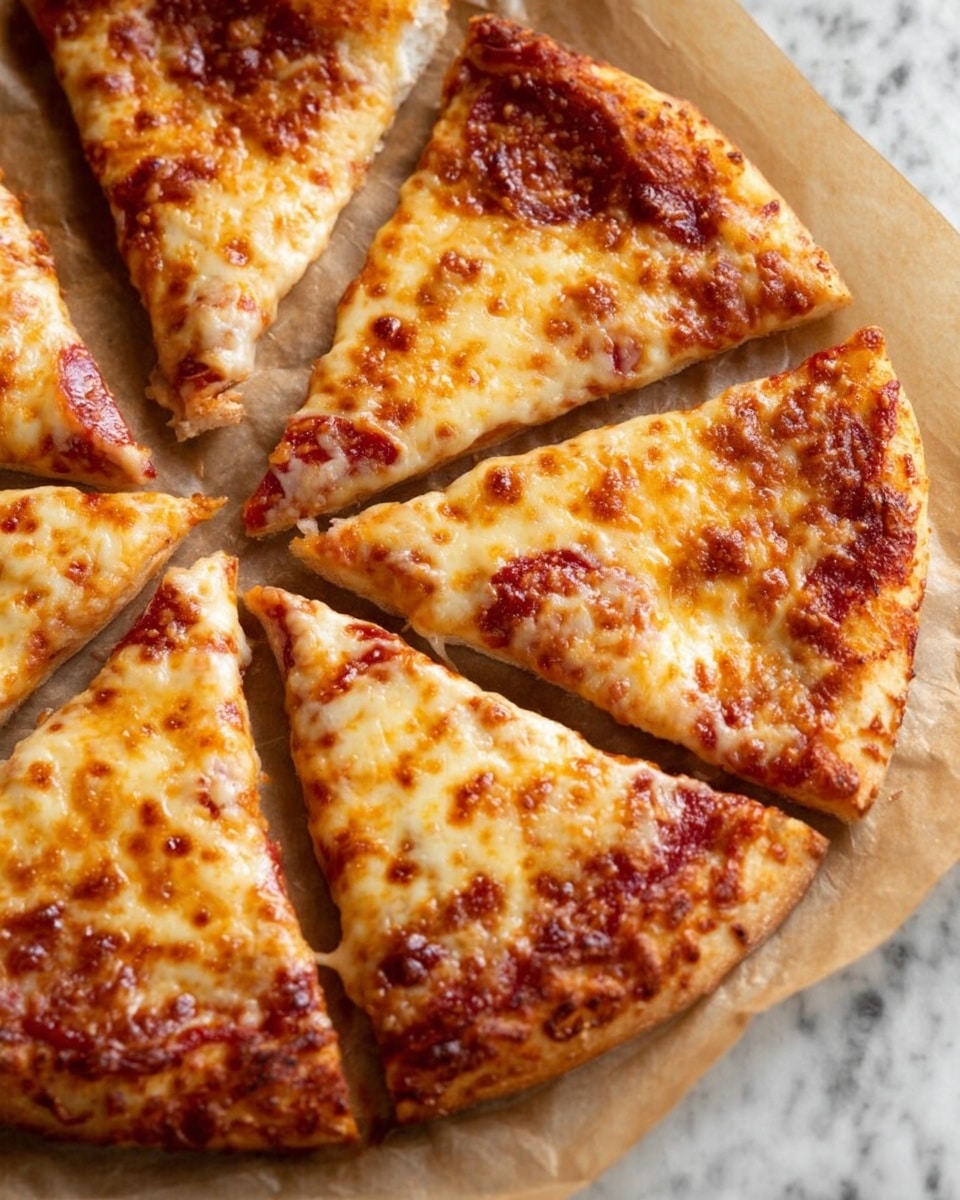 The image shows a close-up of a pizza cut into eight triangle slices arranged in a circular shape on brown parchment paper. The pizza has three main layers: a light golden-brown crust at the bottom, a reddish tomato sauce layer in the middle, and a top layer of melted cheese that is golden and slightly browned in spots, with small bits of pepperoni peeking through. The cheese looks bubbly and smooth, covering the entire surface except the thin, slightly crispy edges of the crust. The background is a white marbled texture. photo taken with an iphone --ar 4:5 --v 7
