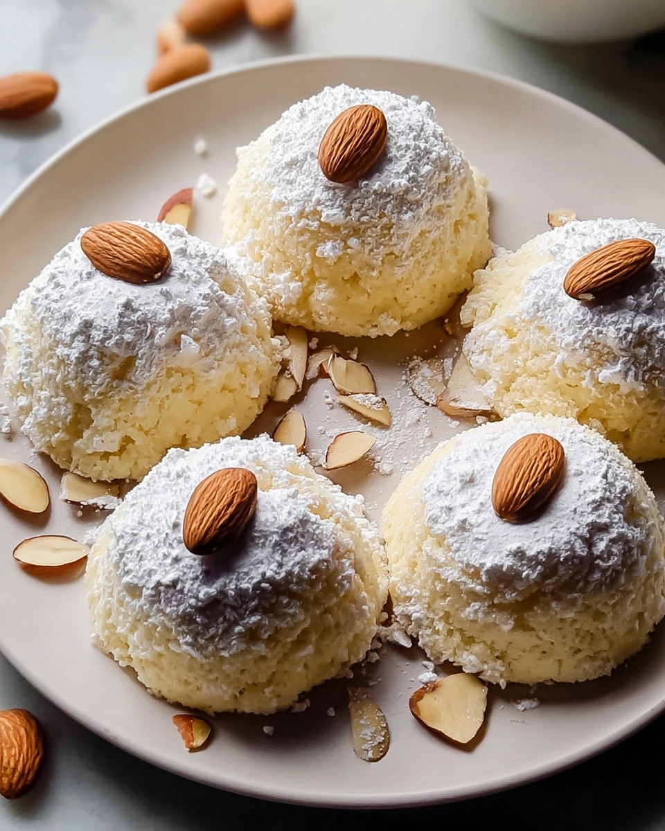 The image shows six dome-shaped, light yellow cakes with a soft, crumbly texture on a white plate. Each cake is dusted heavily with white powdered sugar, giving a snowy look. On top of every cake is a single whole almond or almond half placed neatly. Around the cakes on the plate are a few additional almond slices scattered lightly. The white plate sits on a white marbled surface that contrasts softly with the light colors of the cakes and almonds. The lighting highlights the powdery sugar and the rough surface texture of the cakes. photo taken with an iphone --ar 4:5 --v 7