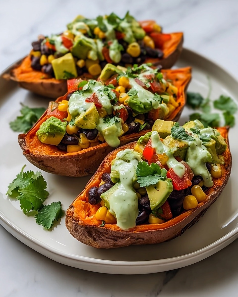 Three roasted sweet potato halves act as the base layer, their orange soft flesh visible inside the brown peel shell. On top, a layer of black beans mixed with bright yellow corn kernels is piled high. Then, chunks of green avocado and small diced red tomatoes are scattered above, with fresh cilantro leaves adding a touch of bright green. A light green creamy sauce is drizzled over the top, slightly melting down the sides of each sweet potato boat. The dish sits on a white plate against a white marbled surface. photo taken with an iphone --ar 4:5 --v 7
