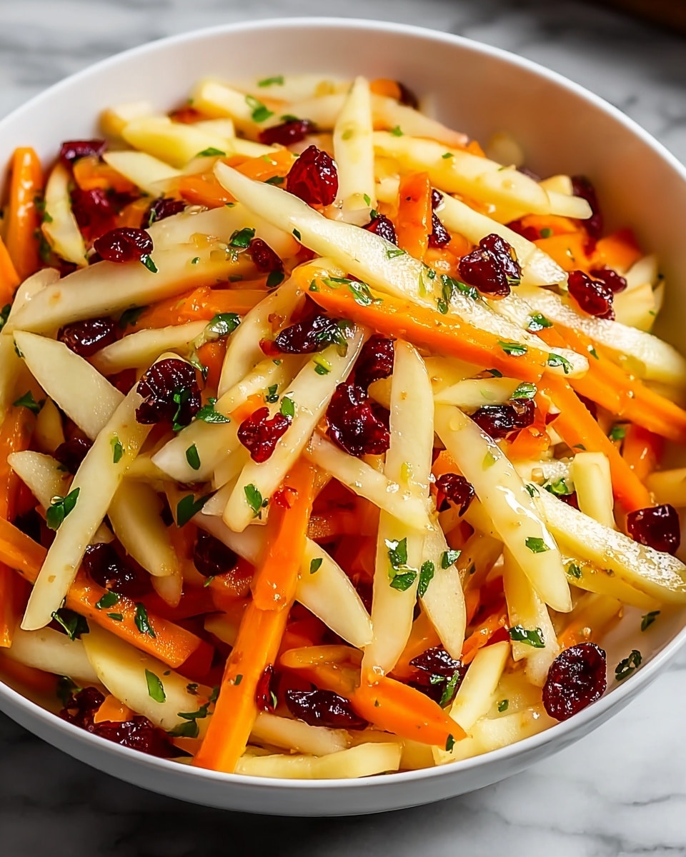 A white bowl filled with a fresh salad made of thin, irregular sticks of pale yellow apple and bright orange carrot mixed together. Scattered on top are small, deep red dried cranberries and tiny green herb leaves, adding pops of color. The apple slices have smooth, shiny skin, while the carrots have a slightly rough texture. The salad looks lightly coated with a glossy, clear dressing that gives it a fresh and appetizing look. The bowl sits on a surface with a white marbled texture. photo taken with an iphone --ar 4:5 --v 7