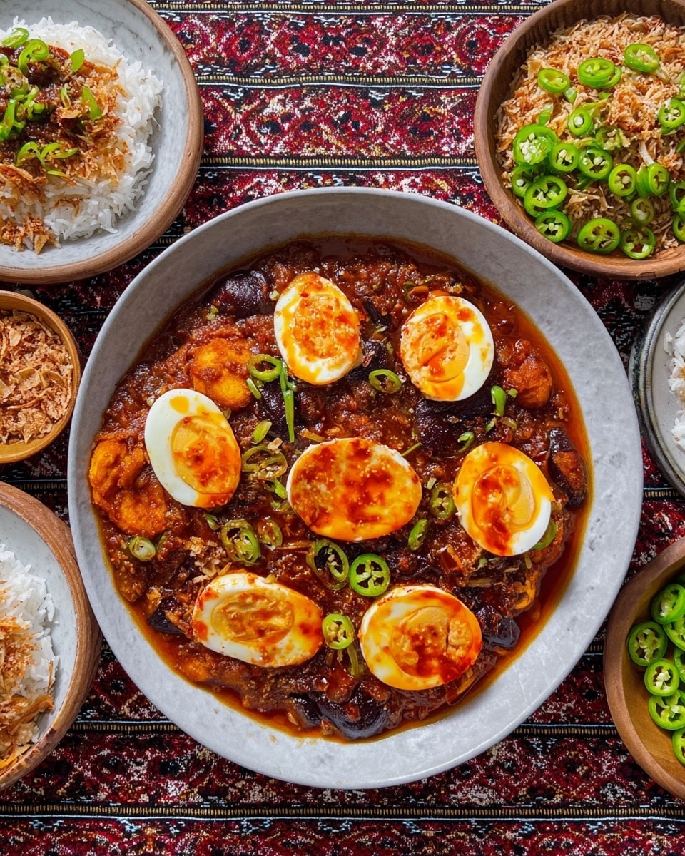 A light grey shallow bowl holds a stew with five halves of cooked eggs placed evenly on top; the eggs have golden yolks and white edges with some red sauce on them. The stew beneath is a rich mix of dark purple cooked onions, red tomato chunks, and orange-brown fried pieces. Around the bowl, there are two white bowls filled with white rice and topped with similar stew and green sliced chili peppers. On the white marbled surface under everything, there are two wooden small plates, one with sliced green chili peppers and one with light brown shredded flakes. The whole scene is bright and colorful, showing warm tones in the food and a patterned fabric underneath the dishes. photo taken with an iphone --ar 4:5 --v 7