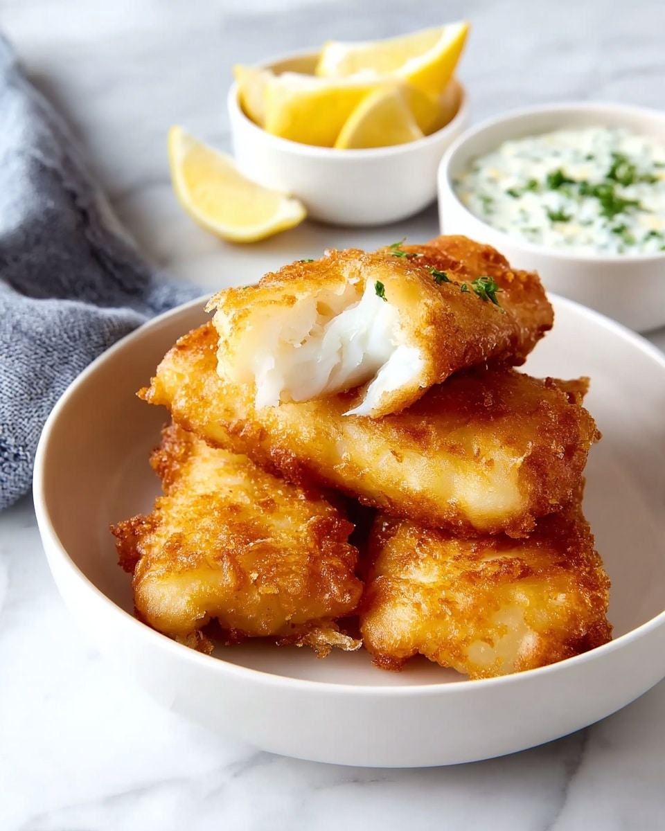 In a white bowl, four pieces of golden-brown fried fish are stacked, with one piece on top showing a bite taken out, revealing the soft, white flaky fish inside; the batter is crispy and textured. Behind the bowl, there are two small white bowls, one containing lemon wedges and the other a white creamy sauce with green herbs. The scene is set on a white marbled surface with part of a gray cloth visible on the left side. Photo taken with an iphone --ar 4:5 --v 7