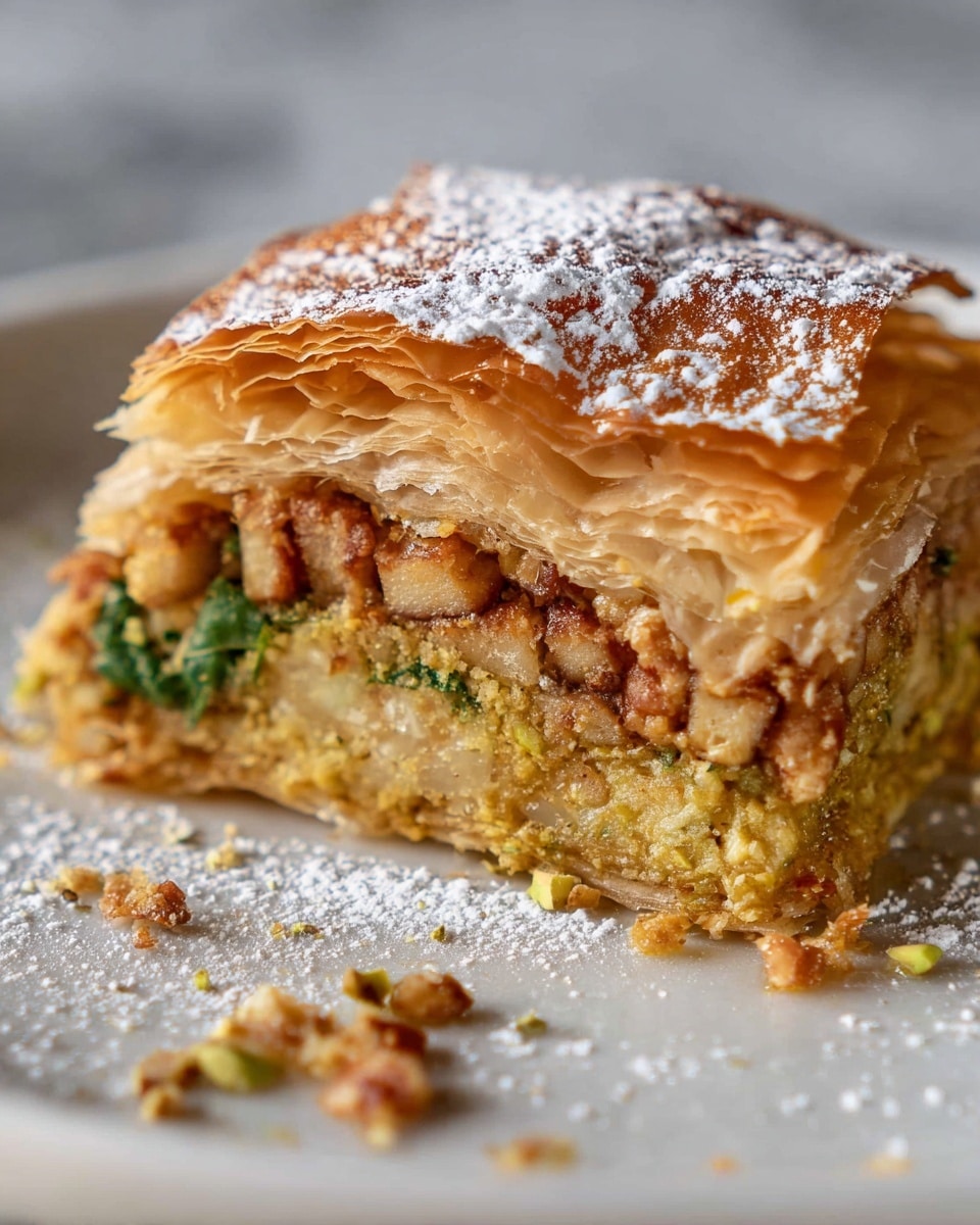 A close-up of a slice of layered pastry on a white plate with a white marbled surface underneath. The top layer is a thin, flaky golden-brown crust dusted with powdered sugar and cinnamon. Below it is a layer of small, cubed light brown nuts or fruit pieces. The next layer is a yellowish, slightly crumbly filling mixed with green leafy herbs, adding texture and color. The bottom layer is another piece of thin, crispy golden pastry. Some crumbs and powdered sugar are scattered on the plate around the slice. Photo taken with an iphone --ar 4:5 --v 7