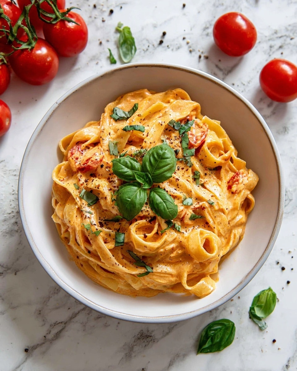 A white bowl filled with creamy orange pasta sauce coating three layers of twisted fettuccine noodles, with small pieces of red tomato visible in the sauce. The pasta is topped with small chopped green basil leaves and a three-leaf basil cluster resting in the center, sprinkled lightly with black pepper. The bowl sits on a white marbled surface scattered with basil leaves and black pepper, with a cluster of three red tomatoes on the vine nearby. photo taken with an iphone --ar 4:5 --v 7