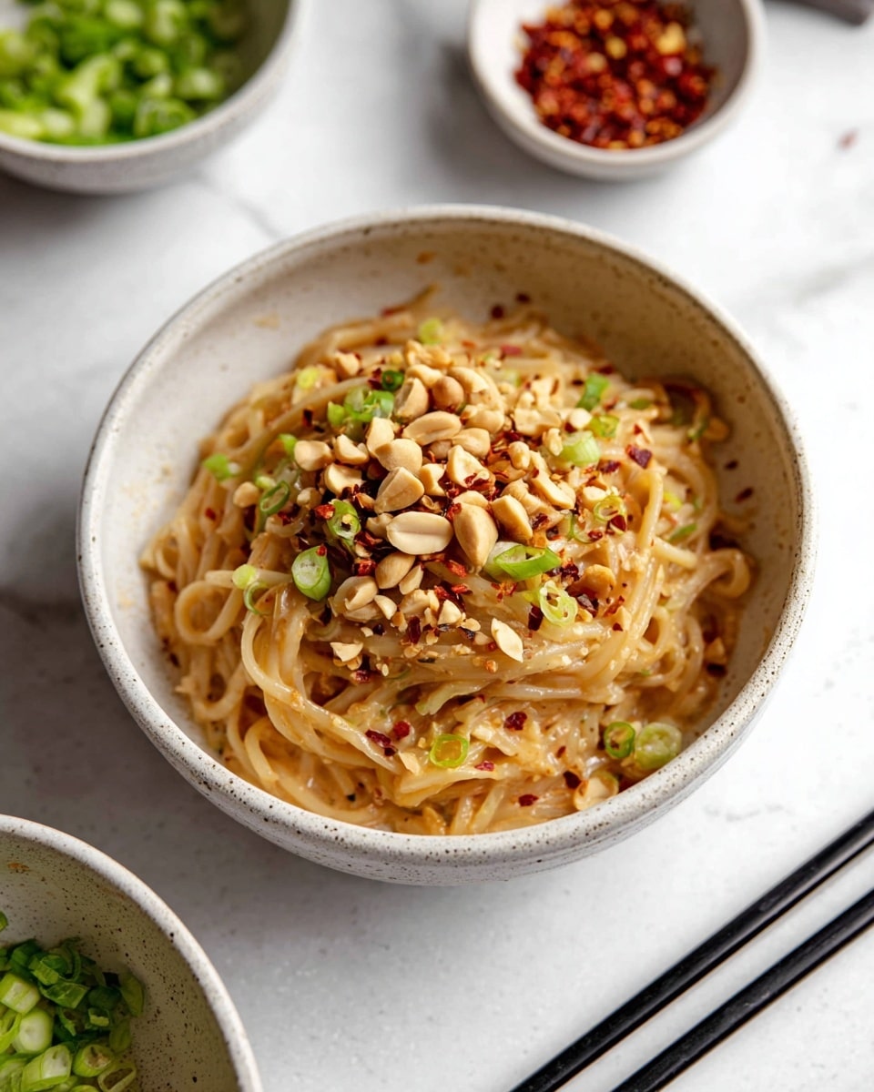 A white speckled bowl filled with soft, light brown noodles soaked in a creamy sauce forms the base layer. On top are scattered chopped off-white peanuts and small green rings of spring onions. Tiny red chili flakes are sprinkled across the noodles, adding texture and color contrast. The bowl is placed on a white marbled surface with two black chopsticks crossing diagonally near it. In the background, there are two small white bowls, one filled with red chili flakes and the other with chopped green onions, slightly out of focus. Photo taken with an iphone --ar 4:5 --v 7