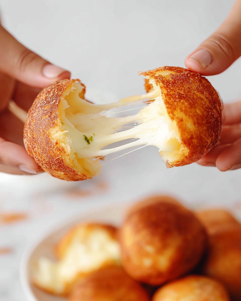 A close-up image showing a golden brown fried dough ball being pulled apart by two woman's hands, revealing long, stretchy white melted cheese inside as the dough splits. In the blurred background, there is a white plate with more of these golden dough balls. The surface has a white marbled texture. photo taken with an iphone --ar 4:5 --v 7