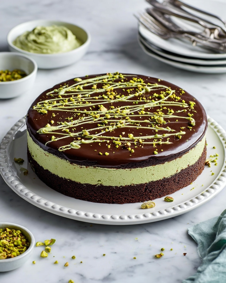 A three-layered round cake sits on a white plate with a beaded edge, placed on a white marbled surface. The bottom layer is dark brown and looks like a rich, moist chocolate cake. The middle layer is thick, light green, and creamy with a smooth texture, likely a pistachio or matcha mousse. The top layer is a glossy dark chocolate ganache spread evenly across the surface. The cake is decorated with a light green drizzle in random lines and scattered small chopped green nuts on top. Around the cake, there are small bowls filled with similar green cream and chopped nuts, along with a stack of white plates and forks in the background. Photo taken with an iphone --ar 4:5 --v 7