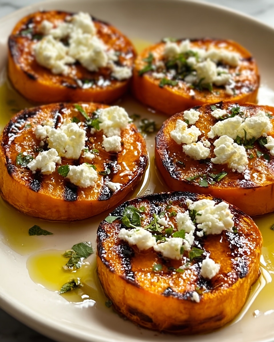 Five thick round slices of golden grilled sweet potato are arranged closely on a white plate, each slice showing charred grill marks and a soft, glazed texture. On top of each slice, there are small dollops of crumbly white cheese, sprinkled with finely chopped green herbs. A light drizzle of golden olive oil pools gently around the sweet potato slices, enhancing their shiny, slightly caramelized surface. The background is a white marbled texture. photo taken with an iphone --ar 4:5 --v 7