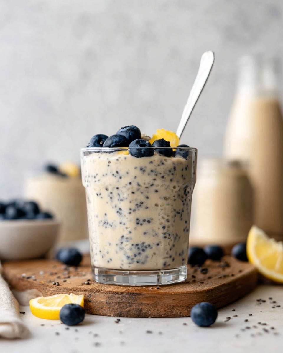 A clear glass is filled three-quarters full with a creamy, light beige mixture speckled evenly with small black seeds, topped with a few whole dark blue blueberries and small lemon slices, with a silver spoon resting inside. The glass sits on a wooden board partially on a white marble surface, scattered with loose blueberries, small lemon pieces, and black seeds. In the blurred white marbled background, two bottles with a similar creamy liquid are visible. photo taken with an iphone --ar 4:5 --v 7