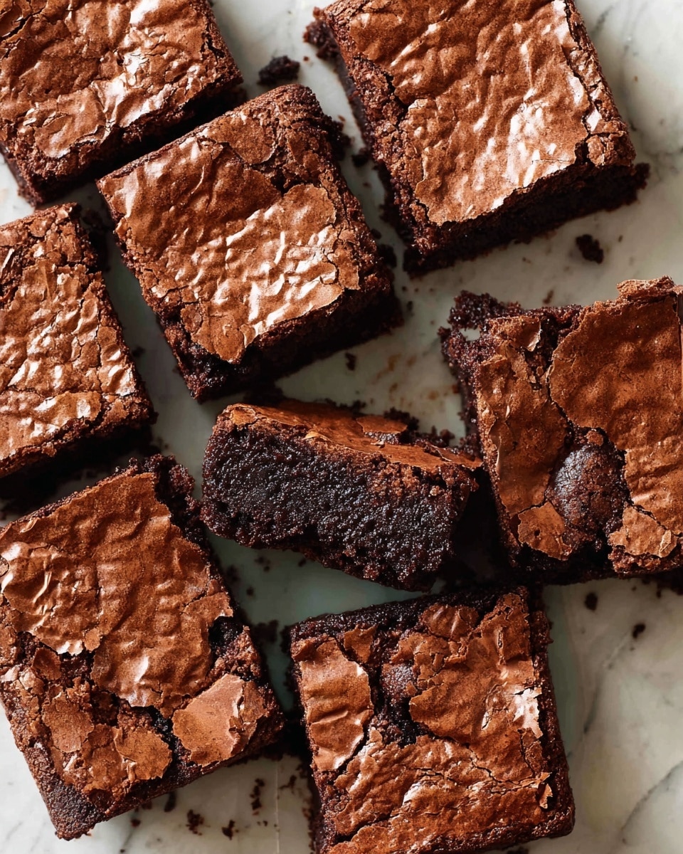 A close-up top view of several square chocolate brownies arranged on a white marbled surface, each brownie showing a cracked, shiny, and slightly rough crust on top with a deep rich brown color; one brownie is lifted, exposing a moist and dense, almost fudgy interior in a darker shade of brown, with visible chocolate chunks embedded inside; the brownies are placed in a slightly scattered formation, giving a homemade and inviting look. photo taken with an iphone --ar 4:5 --v 7