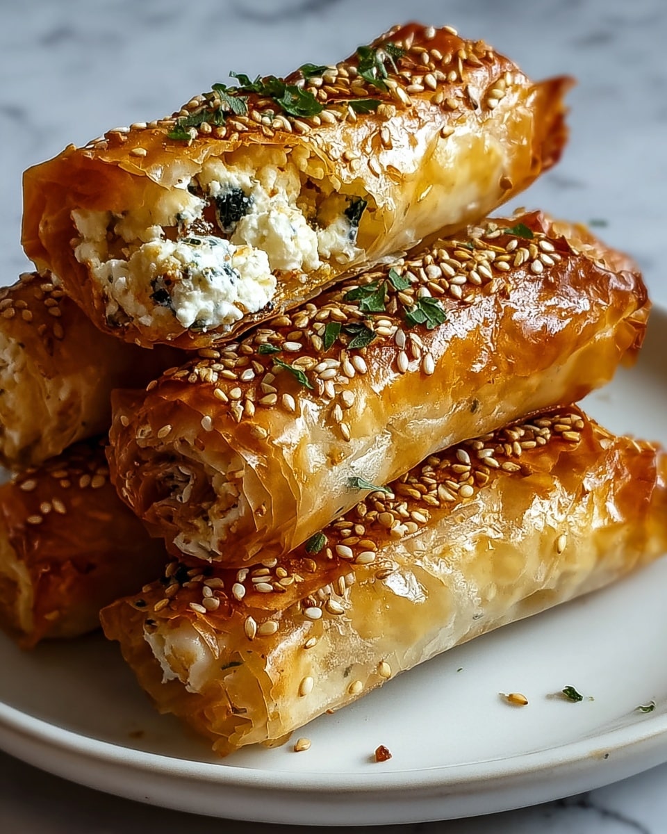The image shows four rolled pastries stacked on a white plate with a white marbled texture underneath. Each pastry has three visible layers of golden-brown, crispy, and flaky phyllo dough, slightly shiny from a brushed glaze. Inside, the filling is white with crumbly cheese, mixed with green herbs and small dark specks, visible at the open ends. The top layer is sprinkled with toasted sesame seeds and finely chopped green herbs, creating a textured and colorful finish. Photo taken with an iphone --ar 4:5 --v 7