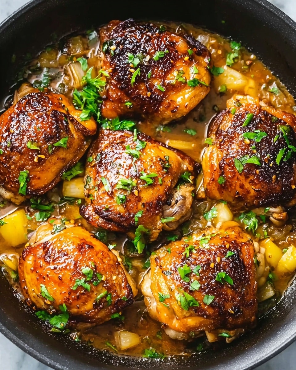 A black pan holds five golden-brown, crispy chicken thighs with a shiny, slightly sticky glaze on top. Around the chicken pieces, there is a light brown sauce with a glossy texture and small chunks of yellow and white vegetables, likely garlic and peppers. The chicken is garnished with chopped fresh green herbs, scattered evenly on top and around the chicken, adding bright green spots. The pan rests on a white marbled textured surface. photo taken with an iphone --ar 4:5 --v 7