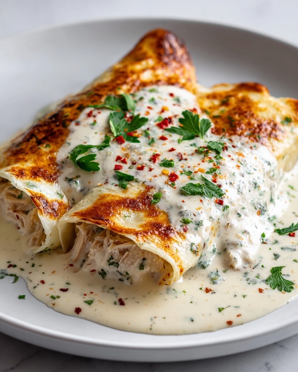 The dish shows two folded crepes on a white plate, filled with shredded chicken on the inside. They are covered in a thick white sauce with green herbs mixed in, and the top of the crepes is golden brown from being lightly toasted. Small red chili flakes and fresh green parsley leaves are sprinkled on top for color. The creamy sauce spreads out slightly on the plate around the crepes, making the dish look rich and smooth. The photo is taken on a white marbled surface. photo taken with an iphone --ar 4:5 --v 7