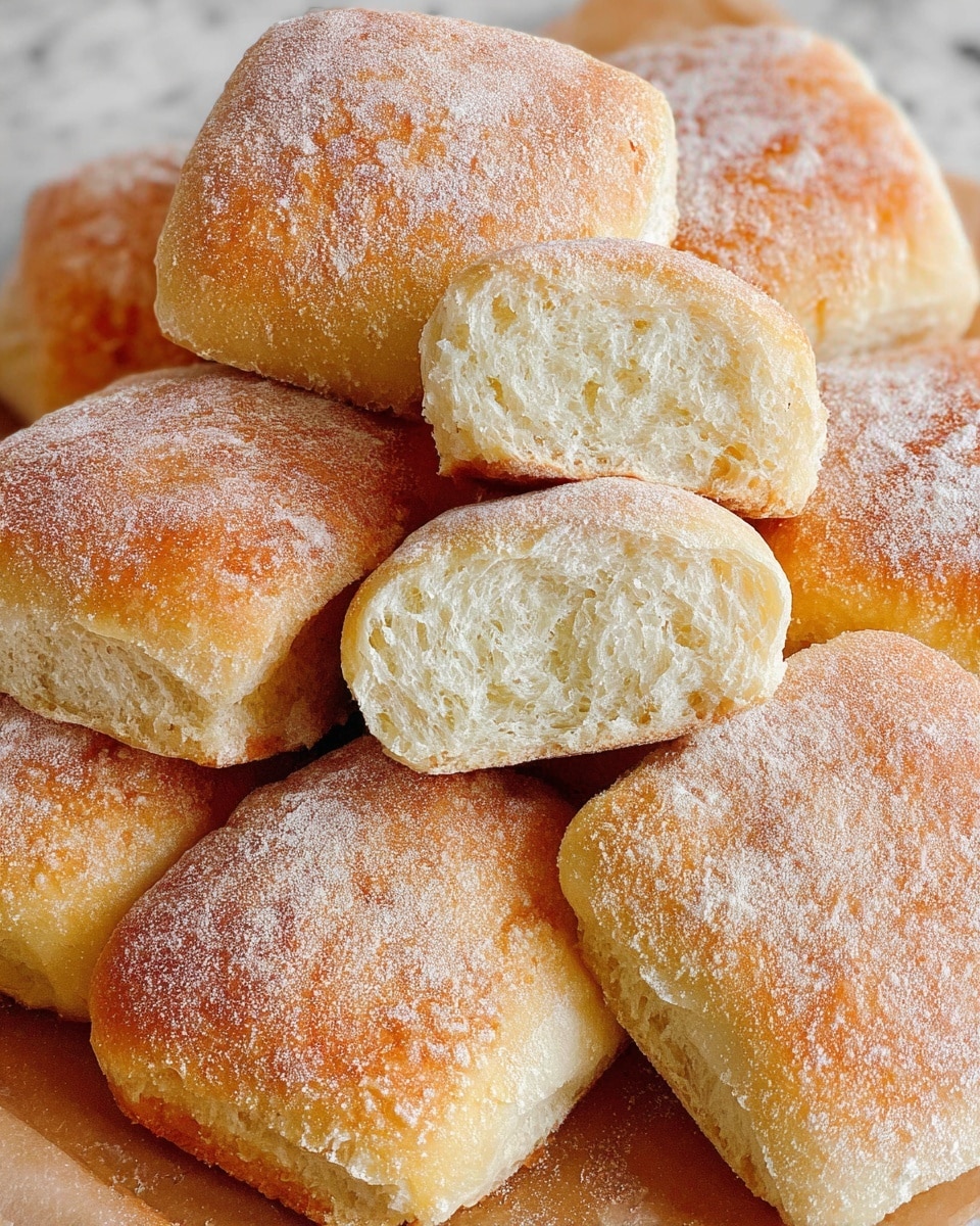 The image shows a close-up of several soft, square-shaped bread rolls stacked on top of each other on parchment paper over a white marbled surface. The rolls have a golden-brown crust with a light dusting of white flour on top, giving them a slightly rough texture. Two rolls are cut in half, showing a fluffy, airy, and pale yellow inside with a soft texture. The arrangement fills the frame, making the bread the main focus. photo taken with an iphone --ar 4:5 --v 7
