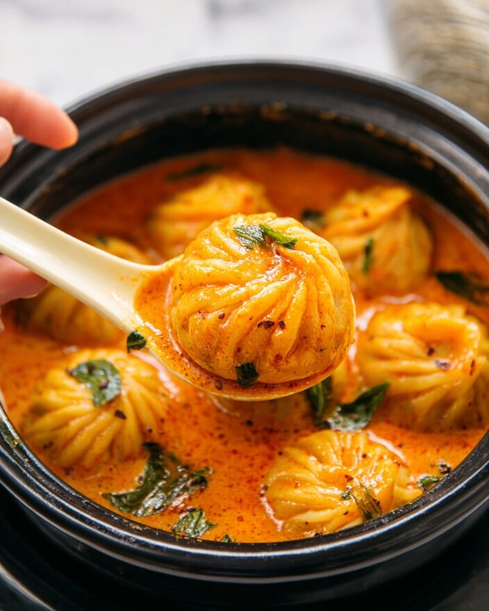A close-up view of several round dumplings with pleated tops floating in a rich, thick orange curry inside a black pot; each dumpling is bathed in the curry sauce, with some green leaves garnishing the dish. One dumpling is lifted by a white spoon held by a woman's hand, showing its soft texture and the glossy curry coating, with specks of spices visible on the sauce. The background surface is a white marbled texture with blurred elements. Photo taken with an iphone --ar 4:5 --v 7