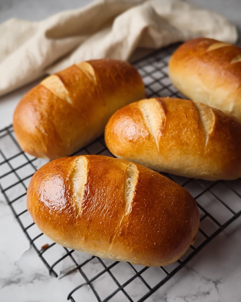 The image shows four golden-brown bread rolls with a shiny and smooth crust, each having three diagonal cuts on the top surface. The bread rolls are plump and appear soft with a slight gloss on their crust, resting closely together on a black cooling rack that sits on a white marbled surface. In the background, there's a soft, light-colored cloth which adds a cozy touch to the scene. The lighting highlights the warm, inviting texture of the bread beautifully. photo taken with an iphone --ar 4:5 --v 7