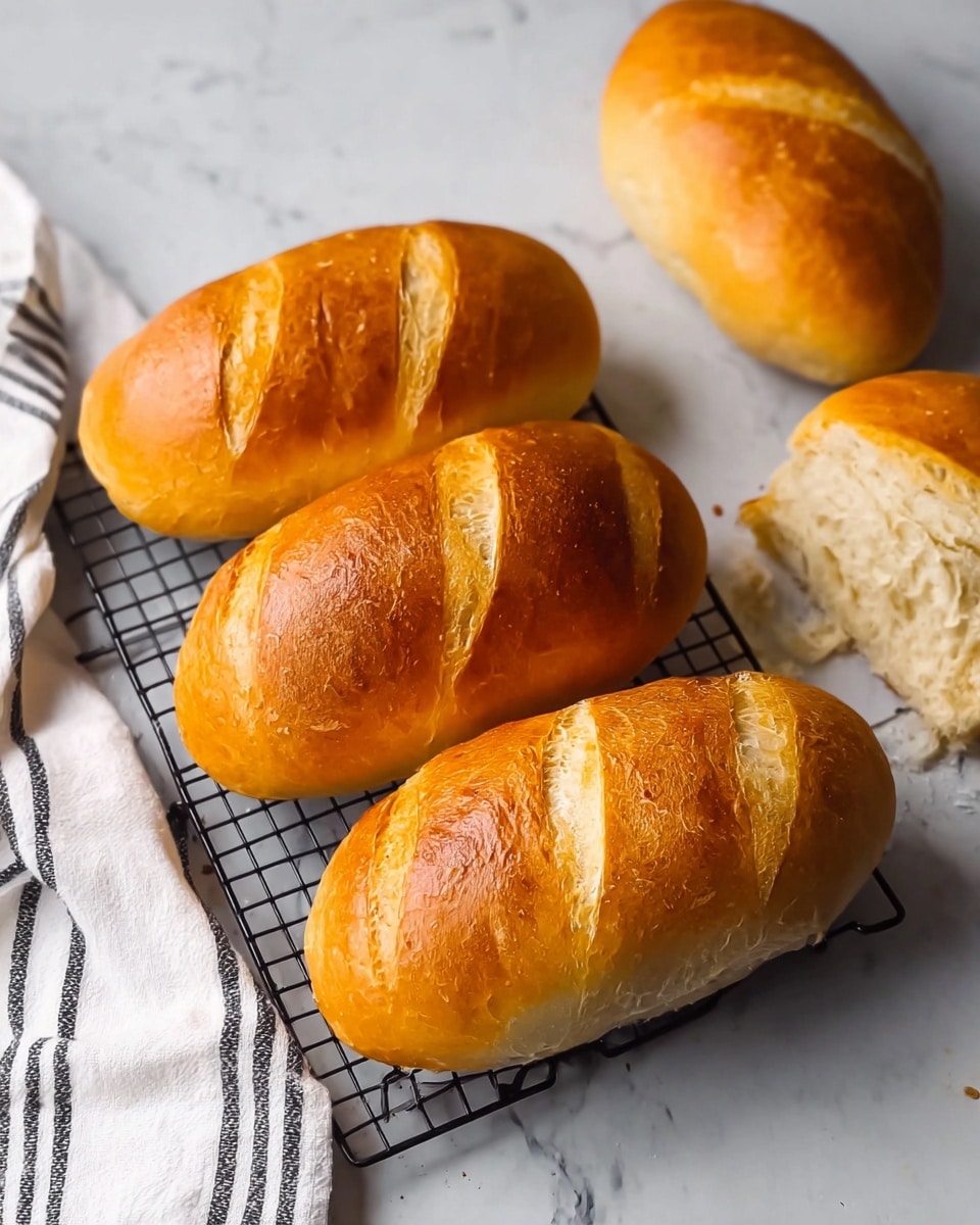 Four golden brown bread rolls with a shiny crust and three diagonal slashes on top are cooling on a black wire rack placed on a white marbled surface. Three more bread rolls, with the same golden crust and texture, rest directly on the white marbled surface around the rack. A white cloth with dark stripes is partly visible at the bottom left corner. The bread rolls have a soft, light inside and a slightly glossy, crisp outside texture. Photo taken with an iphone --ar 4:5 --v 7