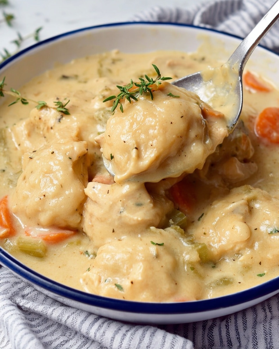 The dish shows a close-up of light beige dumplings and tender chicken pieces covered in a thick, creamy sauce. The sauce has a smooth texture with visible herbs and small bits of orange carrot and green celery scattered throughout. The chicken and dumplings rest in a shallow white bowl with a blue rim, placed on a white marbled surface with a striped cloth partially visible. A silver spoon lifts one dumpling, helping to reveal the soft, moist texture of both the dumplings and chicken, with a small sprig of green thyme adding a fresh touch. photo taken with an iphone --ar 4:5 --v 7