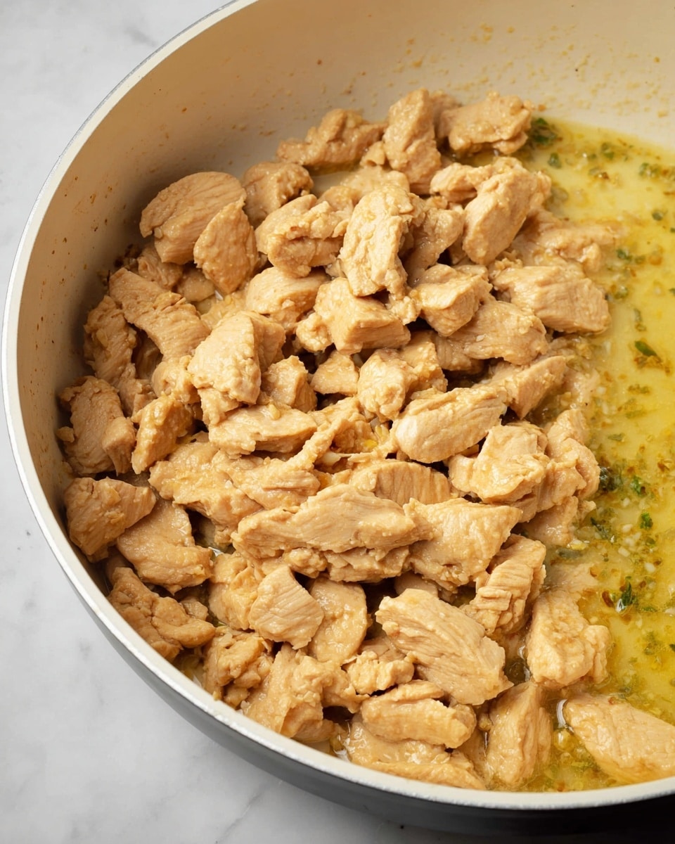 The image shows a close-up of a pan filled with cooked, light brown pieces of textured soy protein that look soft and slightly wrinkled, piled mostly in the front center and left side. On the upper right side of the pan, there is a pale yellow sauce with some green specks and a slightly shiny, smooth surface with hints of herbs. The pan itself is white and sits on a white marbled background. photo taken with an iphone --ar 4:5 --v 7