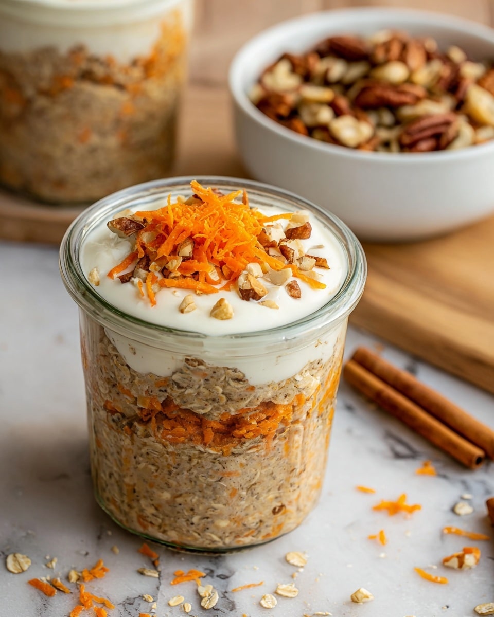 The image shows a clear glass jar filled with three layers: the bottom layer is a chunky, textured mix of oats and small bits of carrot, light brown and speckled with tiny seeds, the middle layer is a creamy white yogurt topping that covers the oat mixture unevenly, and the top layer is a garnish of bright orange grated carrot and small pieces of chopped nuts scattered on the yogurt. In the background, a white bowl filled with mixed nuts is slightly blurred, sitting on a white marbled surface. There are cinnamon sticks and some scattered carrot shreds around the jar on the surface. Photo taken with an iphone --ar 4:5 --v 7