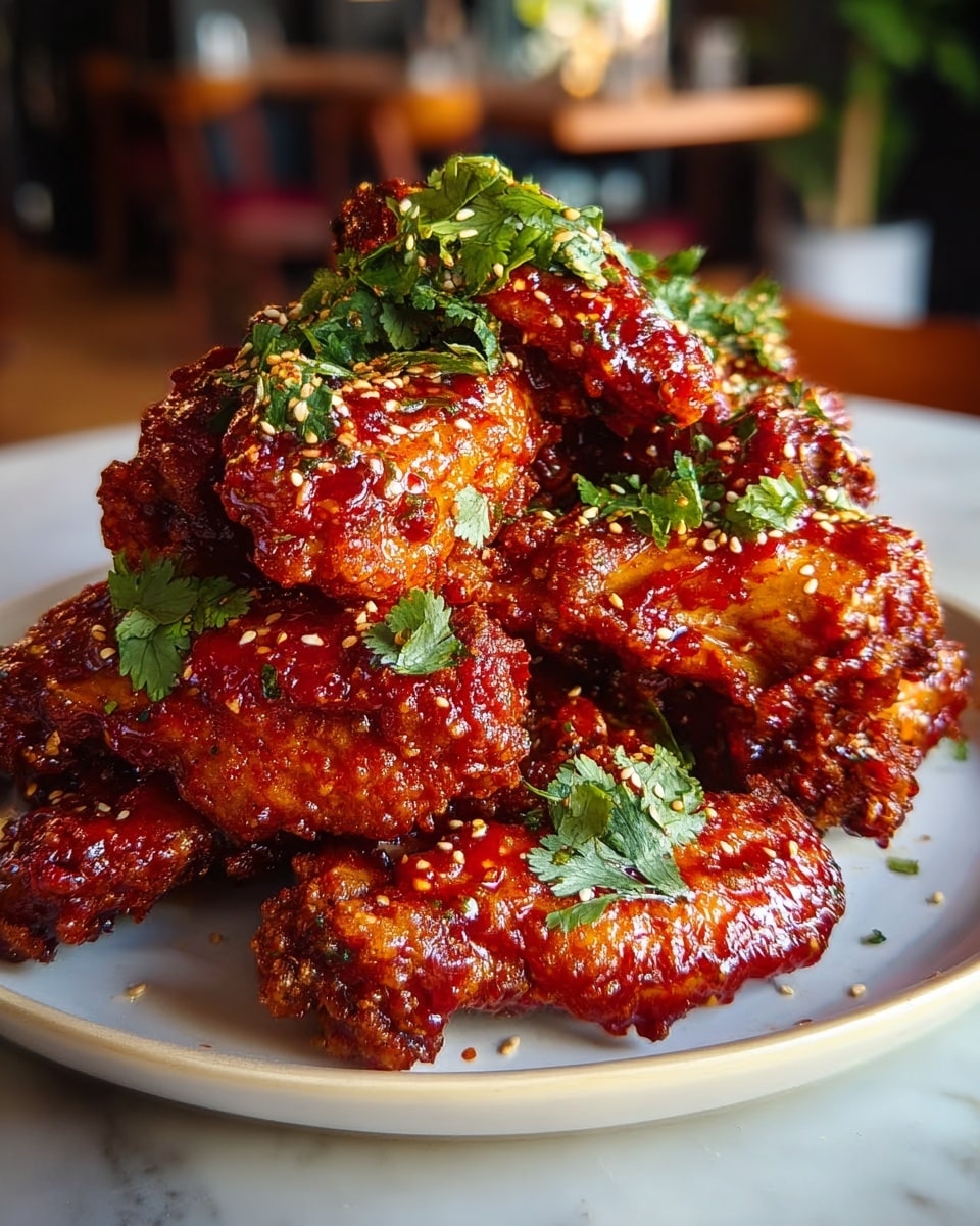 A white plate holds a stack of crispy fried chicken wings covered in a shiny, thick red sauce, giving a sticky texture to the surface. The wings are layered in a piled-up way, each piece showing a golden brown crust underneath the red glaze. Bright green fresh herb leaves, likely cilantro, are sprinkled on top along with small white sesame seeds creating a speckled effect across the wings. The background is softly blurred, with a warm indoor setting, and the plate sits on a white marbled surface. photo taken with an iphone --ar 4:5 --v 7