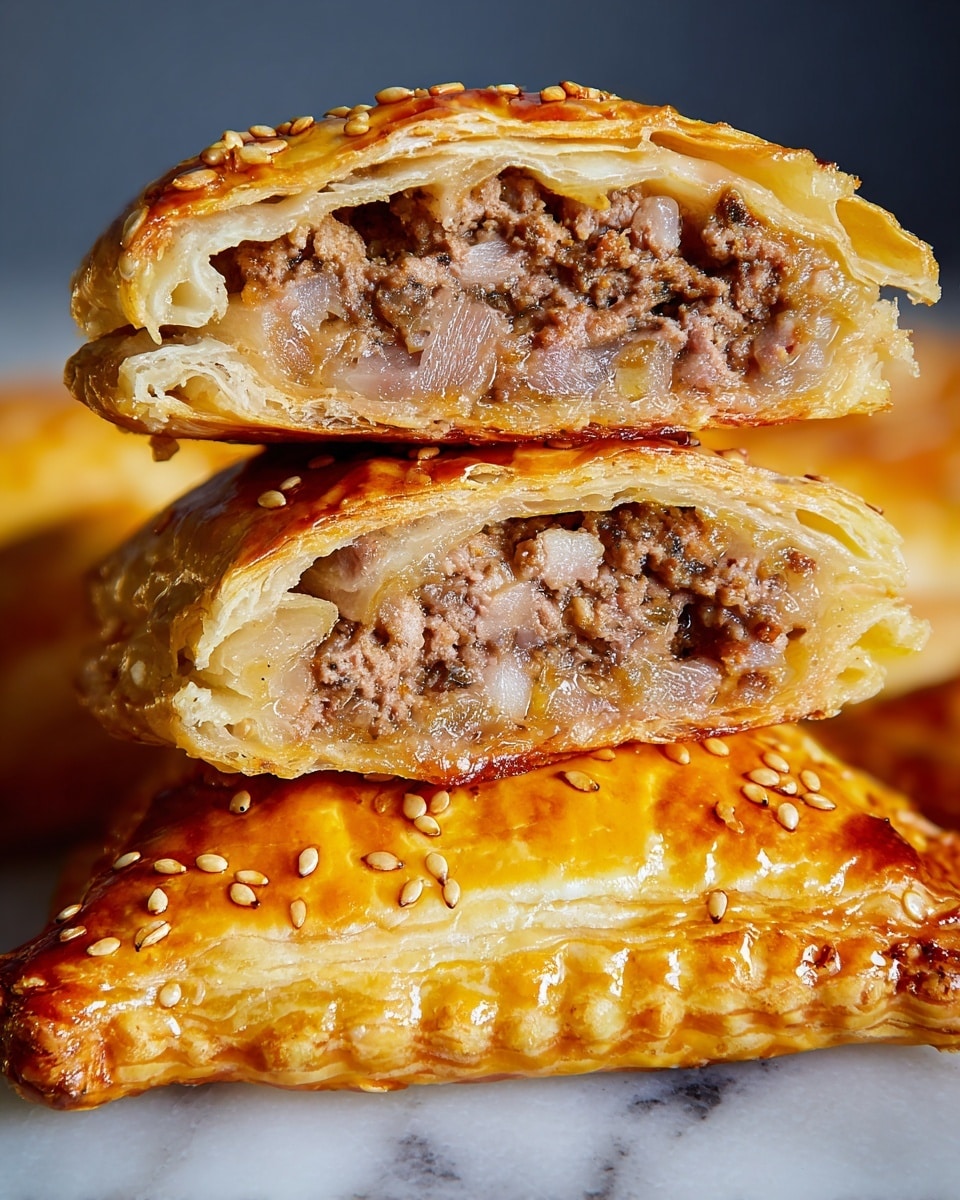 A close-up image shows a stack of three meat-filled pastries on a white marbled surface. The bottom layer is a golden-brown, flaky pastry crust, topped with sesame seeds, showing crimped edges with a shiny glaze. Above it are two pastry halves cut open, revealing a thick filling of brown minced meat mixed with translucent cooked onions, held inside the soft, pale pastry dough that is slightly shiny from moisture. The layers show a contrast between the crispy outside and tender inside filling. Photo taken with an iphone --ar 4:5 --v 7