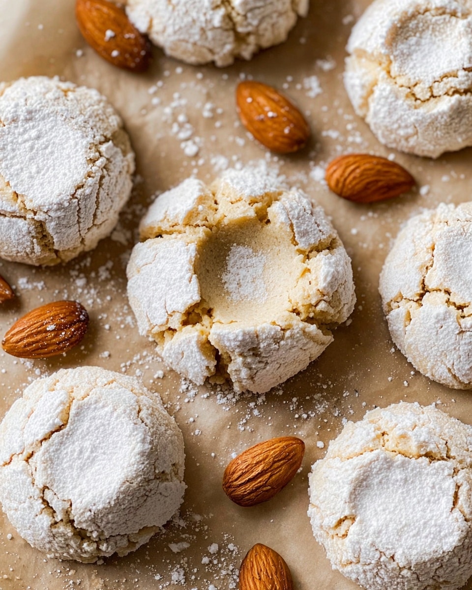The image shows a close-up of several round, cracked cookies covered with white powdered sugar on a brown parchment paper, with whole almonds scattered around them. Each cookie has a slightly sunken center and a pale beige color peeking through the white sugar coating, presenting a rough, crumbly texture with some visible cracks. The arrangement is casual, with some cookies slightly broken, emphasizing their delicate consistency. The background is a white marbled texture. photo taken with an iphone --ar 4:5 --v 7