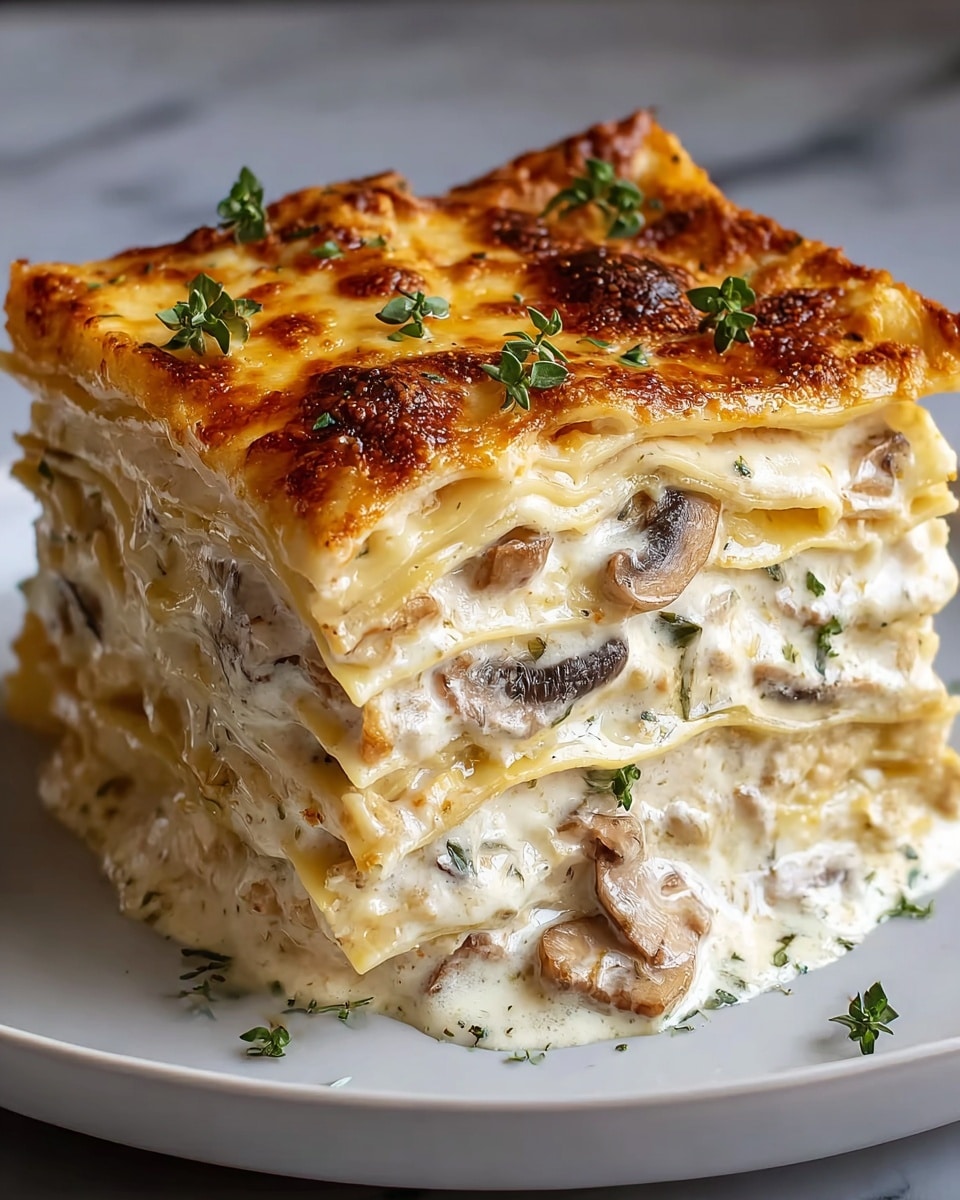 A tall slice of lasagna with four layers is shown on a white plate, placed on a white marbled texture. The top layer is golden brown with melted cheese and small green herb sprigs scattered on it. Below, creamy white sauce with visible pieces of brown mushrooms and bits of herbs fills the thick layers between flat, pale yellow pasta sheets. The sauce looks rich and creamy with some mushrooms clearly visible near the edges, giving a soft texture contrast. The whole dish looks warm, creamy, and fresh, with a slightly crispy top layer. photo taken with an iphone --ar 4:5 --v 7