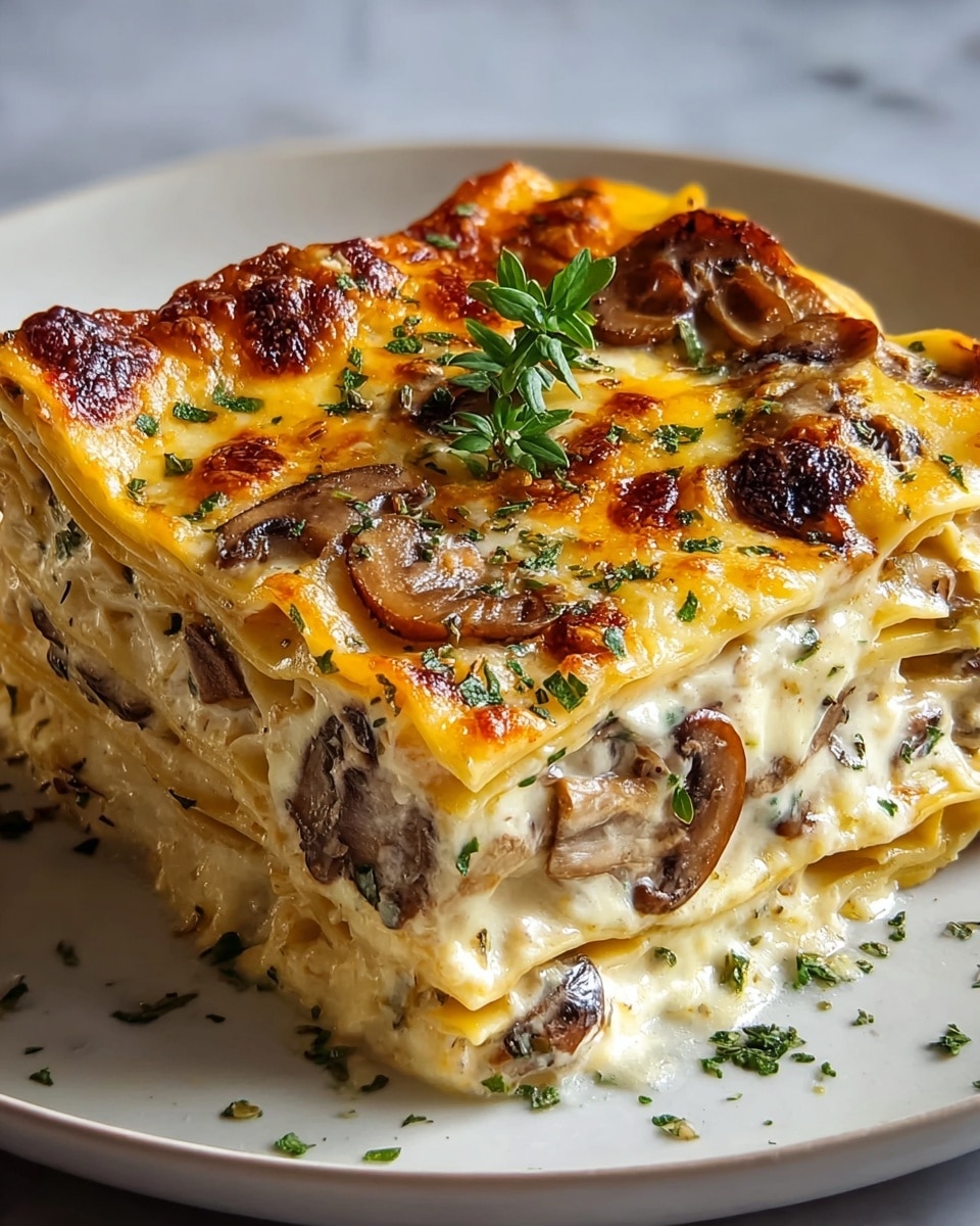 A square piece of lasagna with multiple layers sits on a white plate over a white marbled surface. The dish has about five layers of thin pasta sheets alternating with creamy white cheese sauce mixed with sliced brown mushrooms and melted golden-yellow cheese. The top layer is golden brown with crispy cheese spots and specks of green herbs sprinkled across it. A small green herb garnish sits on top, adding a fresh touch. The textures are creamy and slightly crusty on top, with visible mushrooms within the creamy layers. Photo taken with an iphone --ar 4:5 --v 7