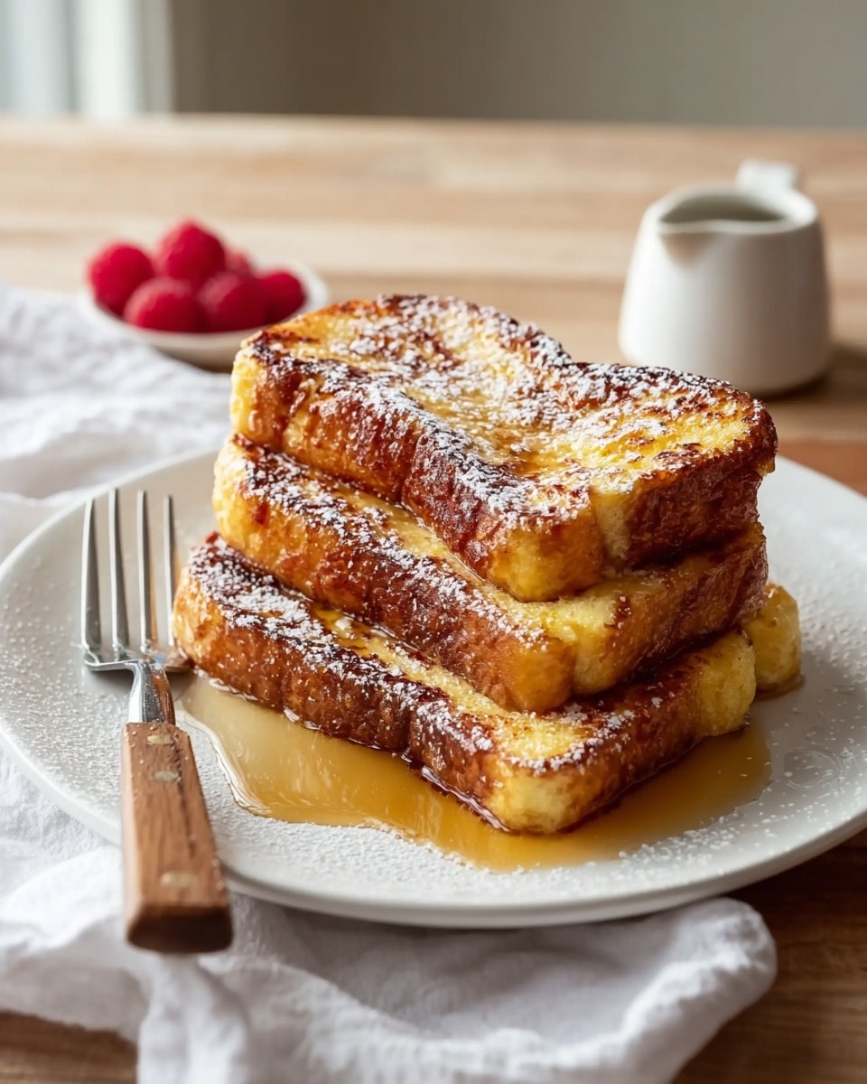 Three thick slices of French toast are stacked on a white plate, each with a golden brown, crispy outer layer and a soft yellow inside. The toast is dusted with powdered sugar, and a drizzle of syrup pools gently on the plate beneath the stack. A fork with a wooden handle rests next to the toast on the plate, partly covered by a white cloth. In the background, a small white pitcher and a few red raspberries are placed on a wooden surface. The whole scene sits on a white marbled texture. photo taken with an iphone --ar 4:5 --v 7