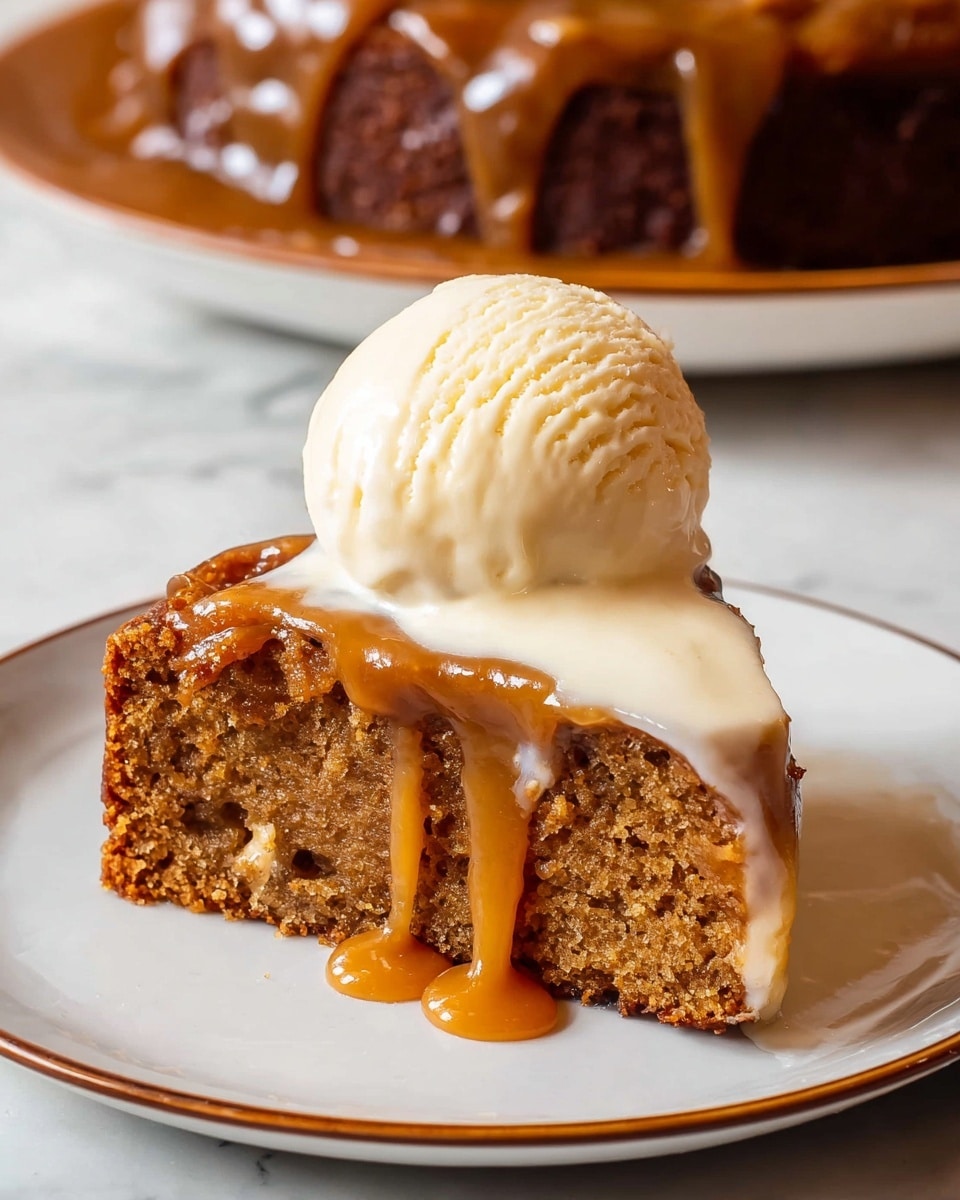A single slice of moist brown cake with a dense crumb is placed on a white plate with a thin rim. The cake slice is topped with a thick layer of smooth, light caramel sauce that drips down the sides, pooling slightly on the plate. On top of the caramel is a scoop of creamy, off-white ice cream with soft ridges, beginning to melt slightly over the caramel. In the background, a larger portion of the same cake covered in caramel sauce is visible on a white marbled surface. photo taken with an iphone --ar 4:5 --v 7