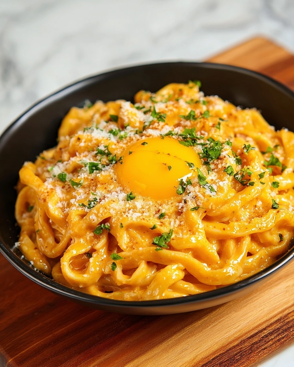 A bowl of twisted thick noodles coated in a creamy orange sauce forms the main layer, topped with a raw egg yolk sitting right in the middle. The noodles are sprinkled with grated light beige cheese and small green herb pieces scattered on top and around the yolk. The black bowl holding the dish sits on a wooden board with a white marbled background. photo taken with an iphone --ar 4:5 --v 7