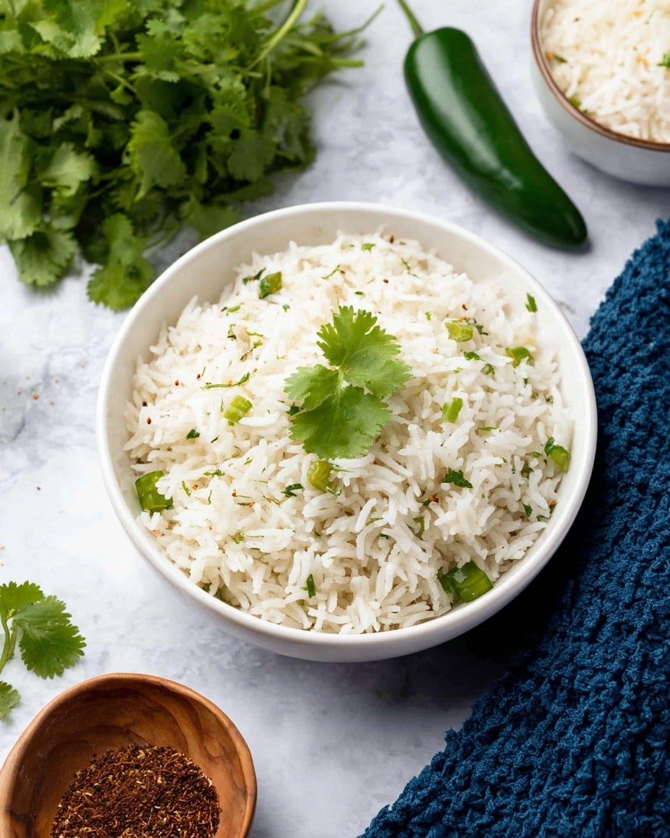 A white bowl filled with cooked white rice mixed with small green pieces and garnished with fresh green cilantro leaves on top. The rice grains look fluffy and separate, with some tiny brown mustard seeds scattered inside. Behind the bowl, there is a bunch of fresh cilantro and a whole green chili pepper placed on a white marbled surface, along with a small wooden bowl of brown spices and a white bowl containing more rice. A dark blue textured cloth is placed to the right of the bowl. Photo taken with an iphone --ar 4:5 --v 7