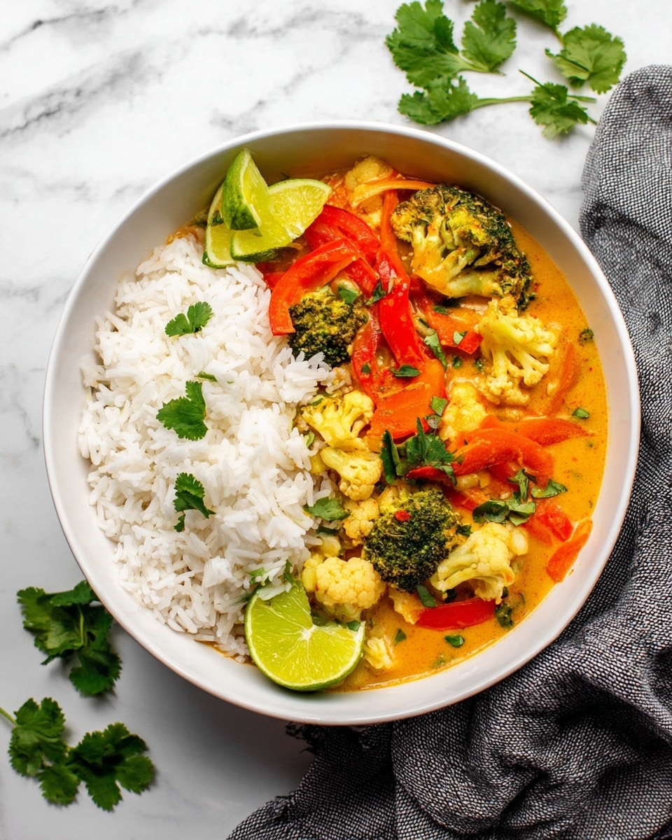 A white bowl holds two main layers: on the left, plain white rice with a few small green cilantro leaves scattered on top, and on the right, a colorful vegetable curry with a creamy, light orange sauce. The curry has visible chunks of broccoli, cauliflower, red and orange bell peppers, and carrots, with green cilantro leaves placed on top. Two bright green lime wedges rest between the rice and curry. The bowl sits on a white marbled surface with a gray cloth napkin to the right and some cilantro leaves scattered nearby. Photo taken with an iphone --ar 4:5 --v 7