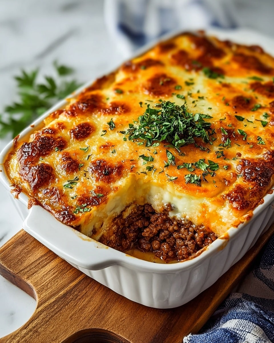 A white casserole dish holds a baked layered dish with a browned, bubbly cheese crust on top that has a golden-orange tint and small browned spots, garnished with fresh green herbs in the center. The top layer is thick melted cheese with a slightly crispy texture and hints of herbs sprinkled over it. Below the cheese is a visible layer of tender browned ground meat filling, rich and textured. The dish is on a wooden board with a blue and white cloth underneath, set against a white marbled textured background. photo taken with an iphone --ar 4:5 --v 7