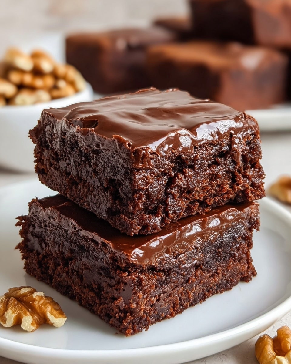 Two thick, square chocolate brownies are stacked on a white plate, each with a rich, dark brown color and moist, crumbly texture inside. The top layer on each brownie is smooth and glossy with a shiny chocolate glaze that has slight ripples and cracks. In the background, more brownies are placed in a white bowl, and some walnuts are scattered on the white marbled surface. The focus is on the front brownies, showing their dense, fudgy layers clearly. Photo taken with an iphone --ar 4:5 --v 7